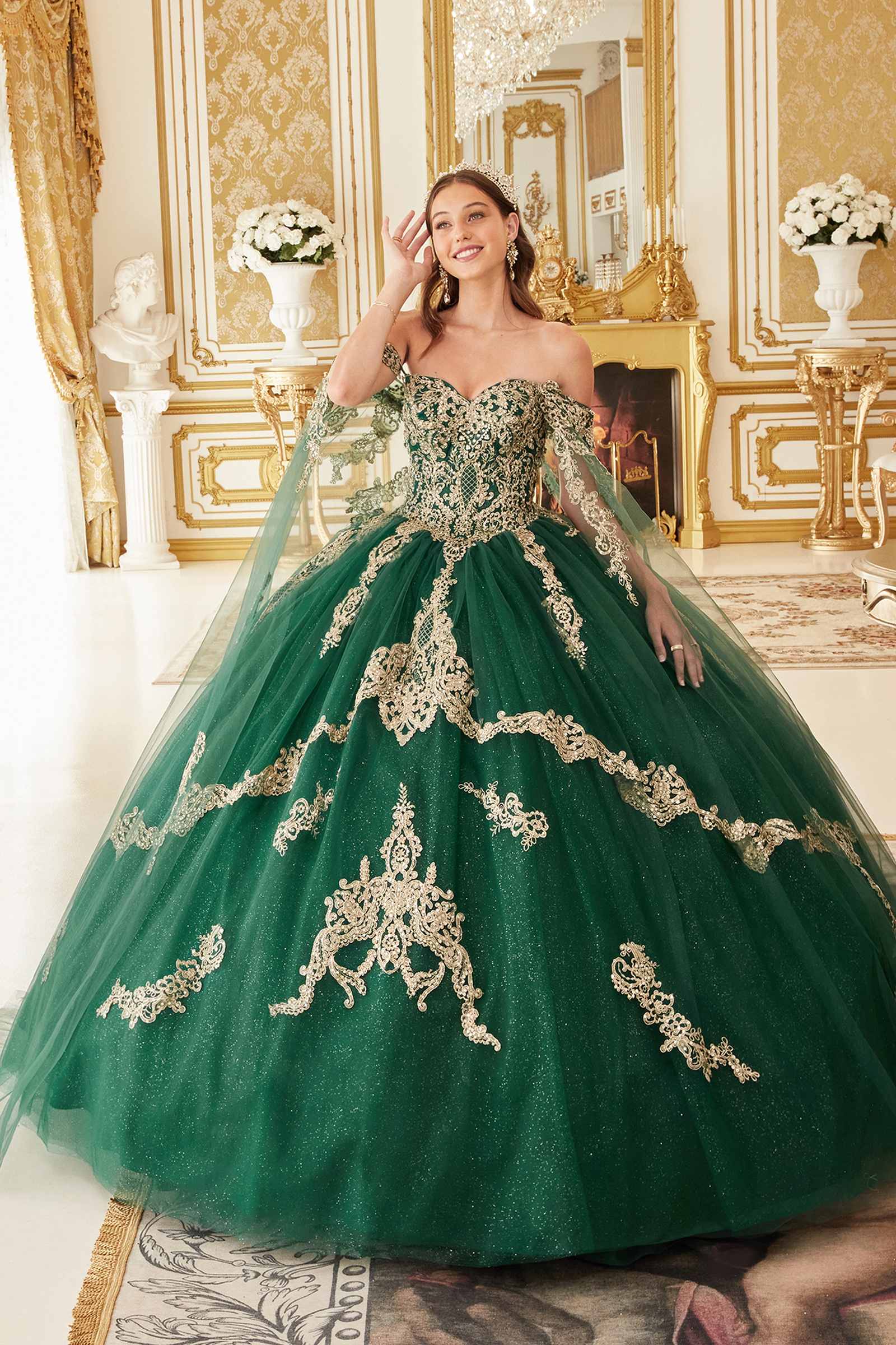 Ladivine 15711 Off the Shoulder Glitter Tulle A-Line Ball Gown Removable Cape