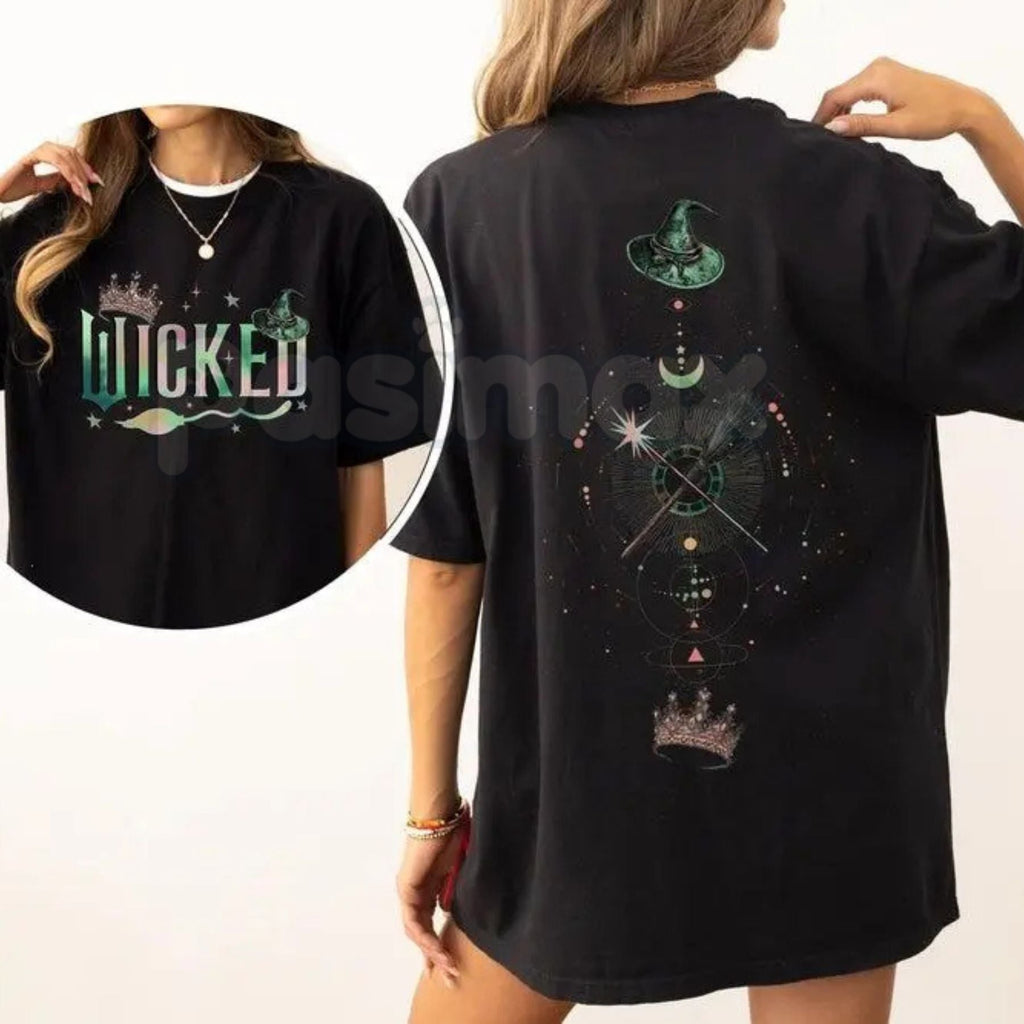 Wicked Musical "Defy Gravity" Two-Sided T-Shirt - Broadway Fan Apparel, Elphaba Glinda Graphic Tee, Broomstick & Wand Top