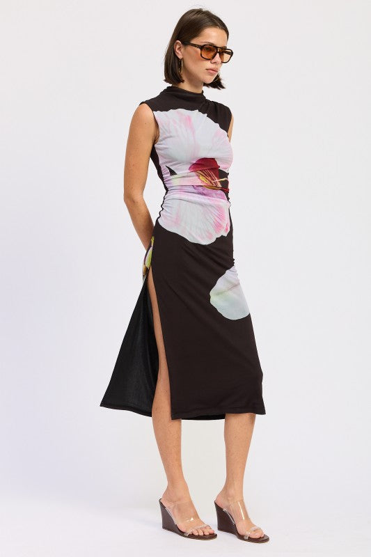 FLORAL MESH MIDI SLEEVELESS DRESS