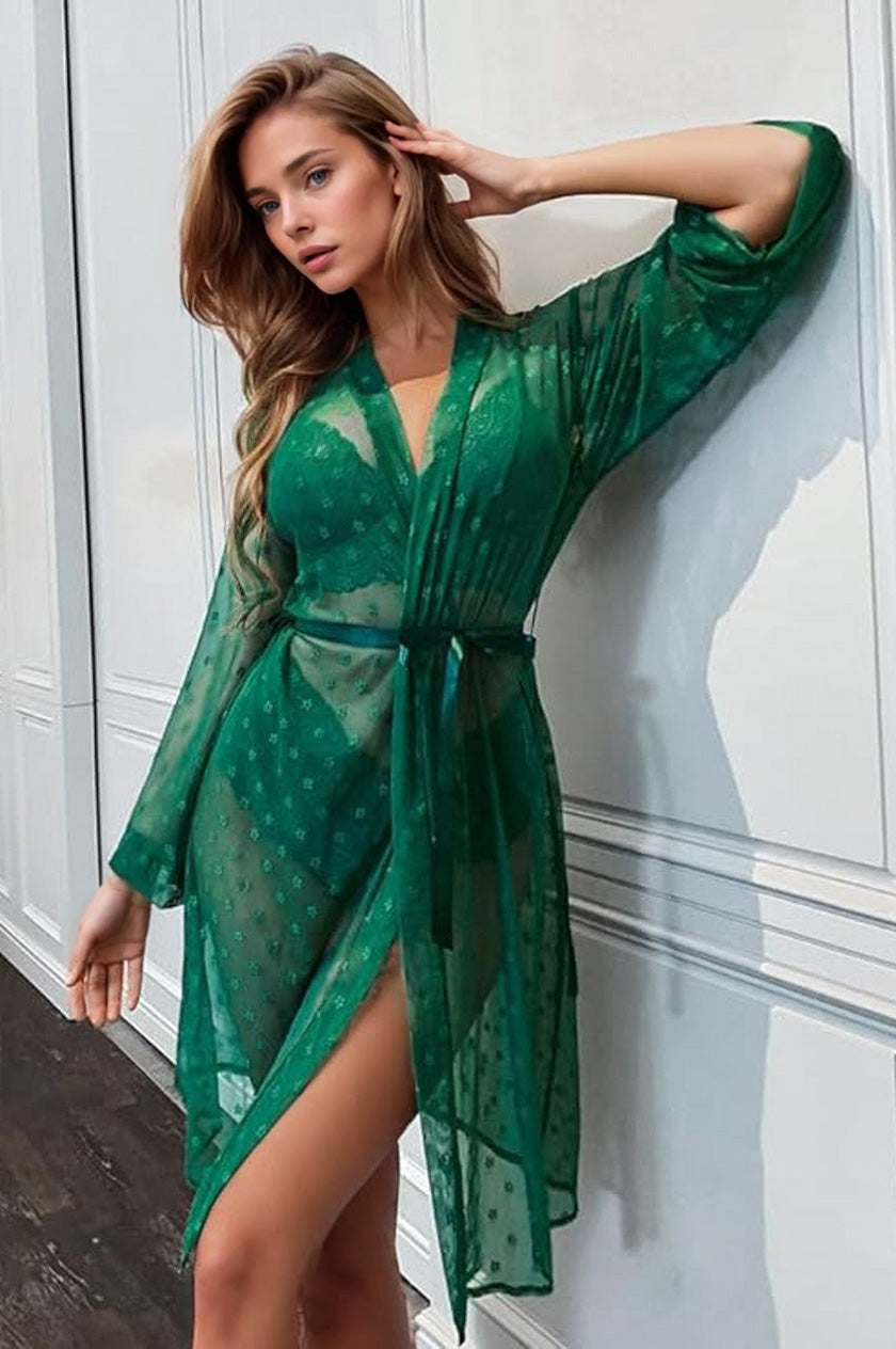 French Dot Mesh Robe and Bra Set