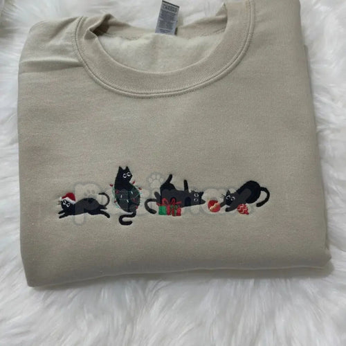 Black Christmas Cats Embroidered Sweatshirt – Cozy Holiday Cat Mom Crewneck