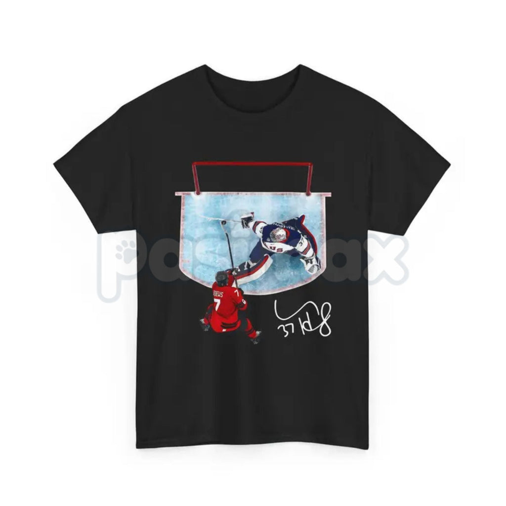 Hellebuyck "The Great Wall" Save T-Shirt - USA Ice Hockey Graphic Tee, Premium 100% Cotton Goaltender Fan Top, American Hockey Legend Streetwear, Pro-Level Save Sequence Apparel, Unique Gift for Hockey Fans & Goalies