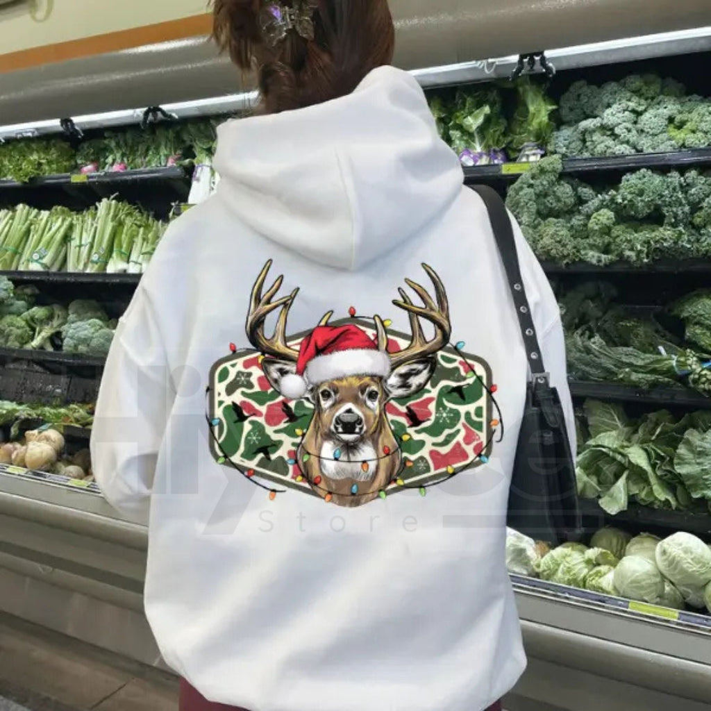 Christmas Deer Hunting Camo Hoodie – Funny Merry and Bright Holiday Deer Head Sublimation, Country Outdoors Pullover