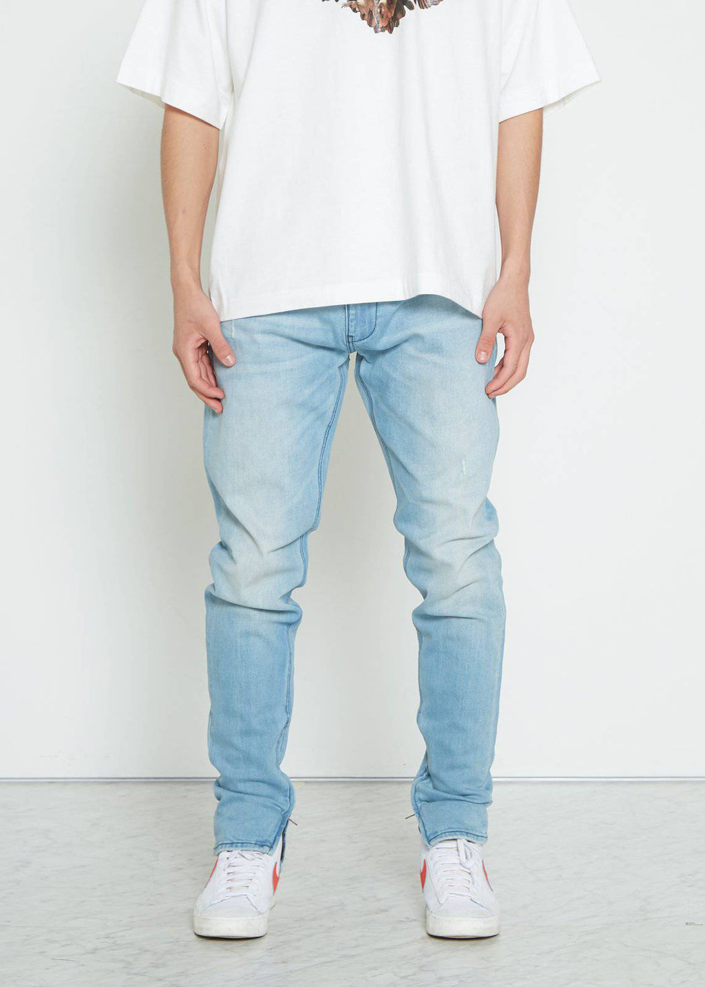 Men's Side Zip Slim Fit Denim in Light Blue Wash