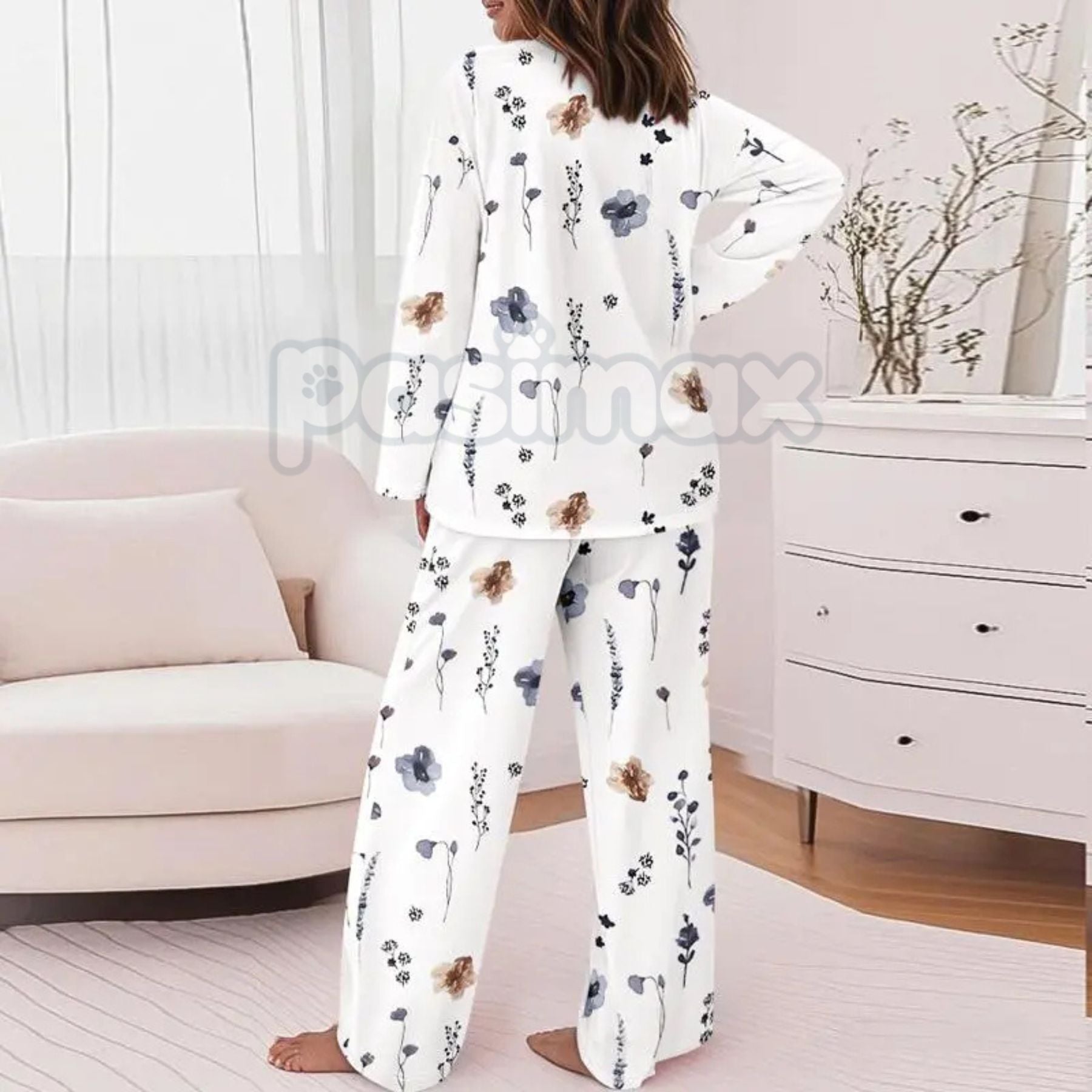 ChicMe Women's Floral Print Lounge Set - Long Sleeve Top & Casual Pants with Pockets, Comfortable Home Wear