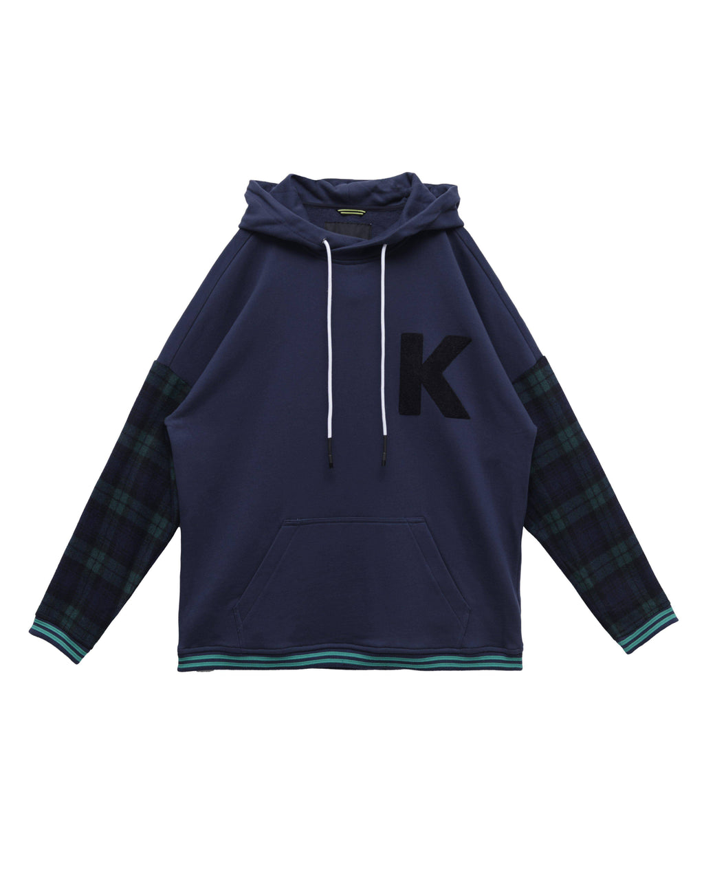 Konus Men's Pullover Hoodie w/ Wool Blend Plaid Sleeves in Navy