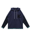 Konus Men's Pullover Hoodie w/ Wool Blend Plaid Sleeves in Navy