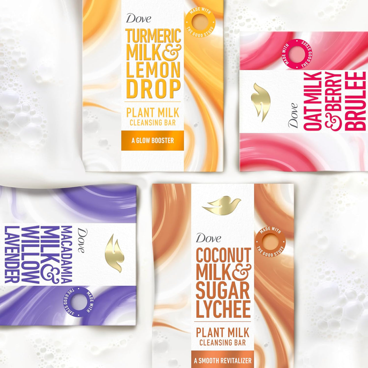 Dove Plant Milk Cleansing Bar Soap Variety Pack 4 for Moisturized Skin, with Gentle Cleansers, No Sulfate Cleansers or Parabens, 98% Biodegradable Formula, 5 oz