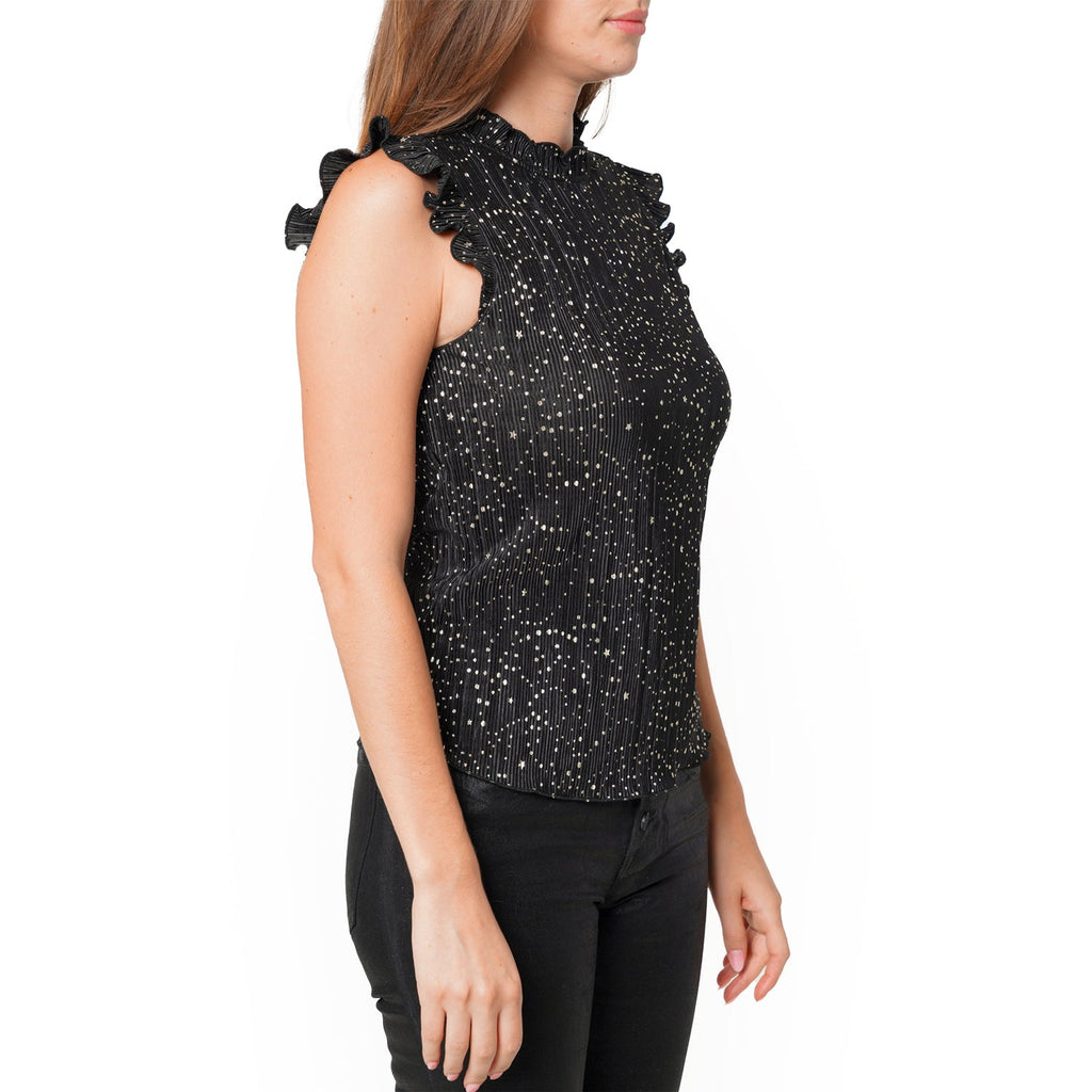 Women's Sleeveless Mock Neck Lettuce Edge Top In Black Gold
