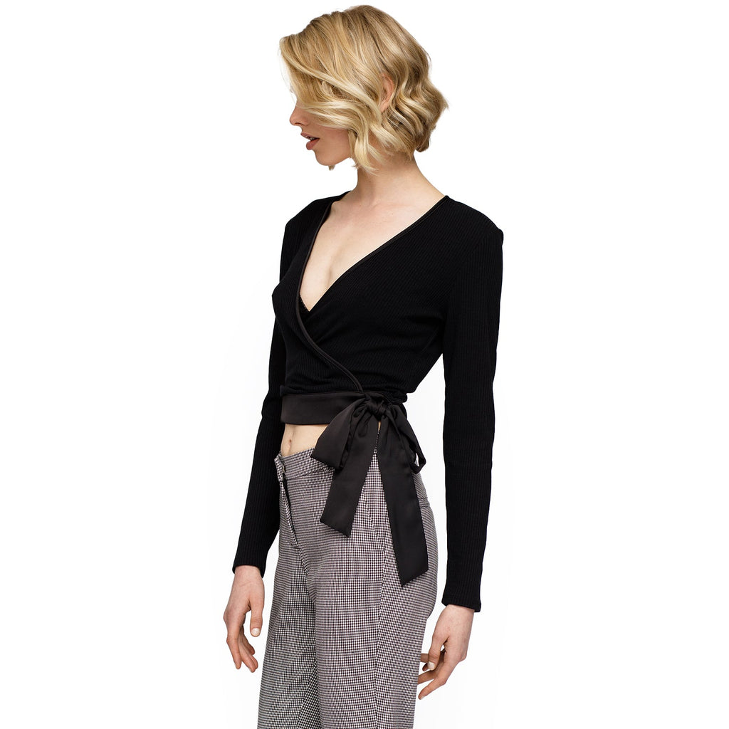 Women's Wrap Front Tie Ribbed Crop Knit Top In Black