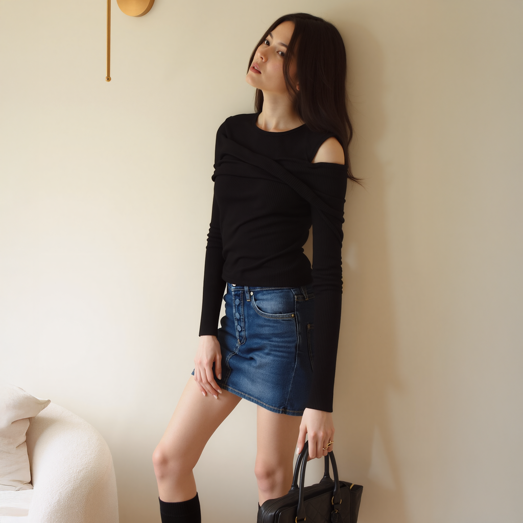 Women's Cold Shoulder Ribbed Knit Top In Black