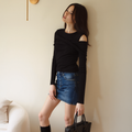 Women's Cold Shoulder Ribbed Knit Top In Black