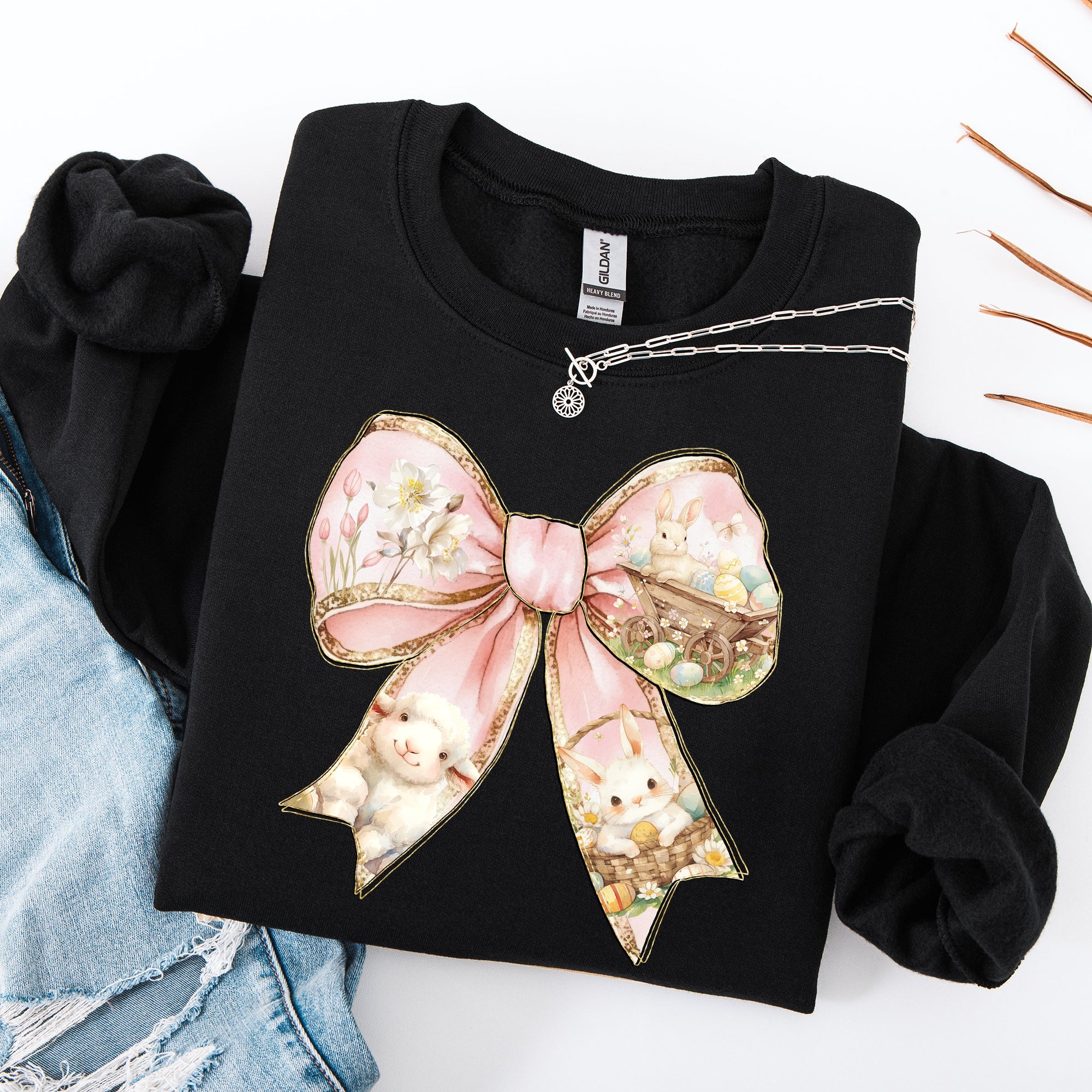 Adorable Bow Ribbon Easter Bunny Jesus Rabbit Holiday Celebration Ensemble Sweatshirt