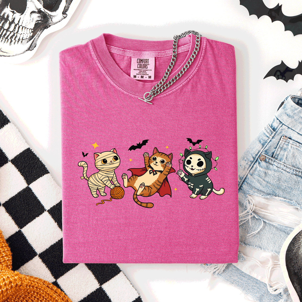 Adorable Halloween Cats Cozy Autumn Cat Themed Whimsical Feline Nighttime Festival Favorite Comfort Colors Tee