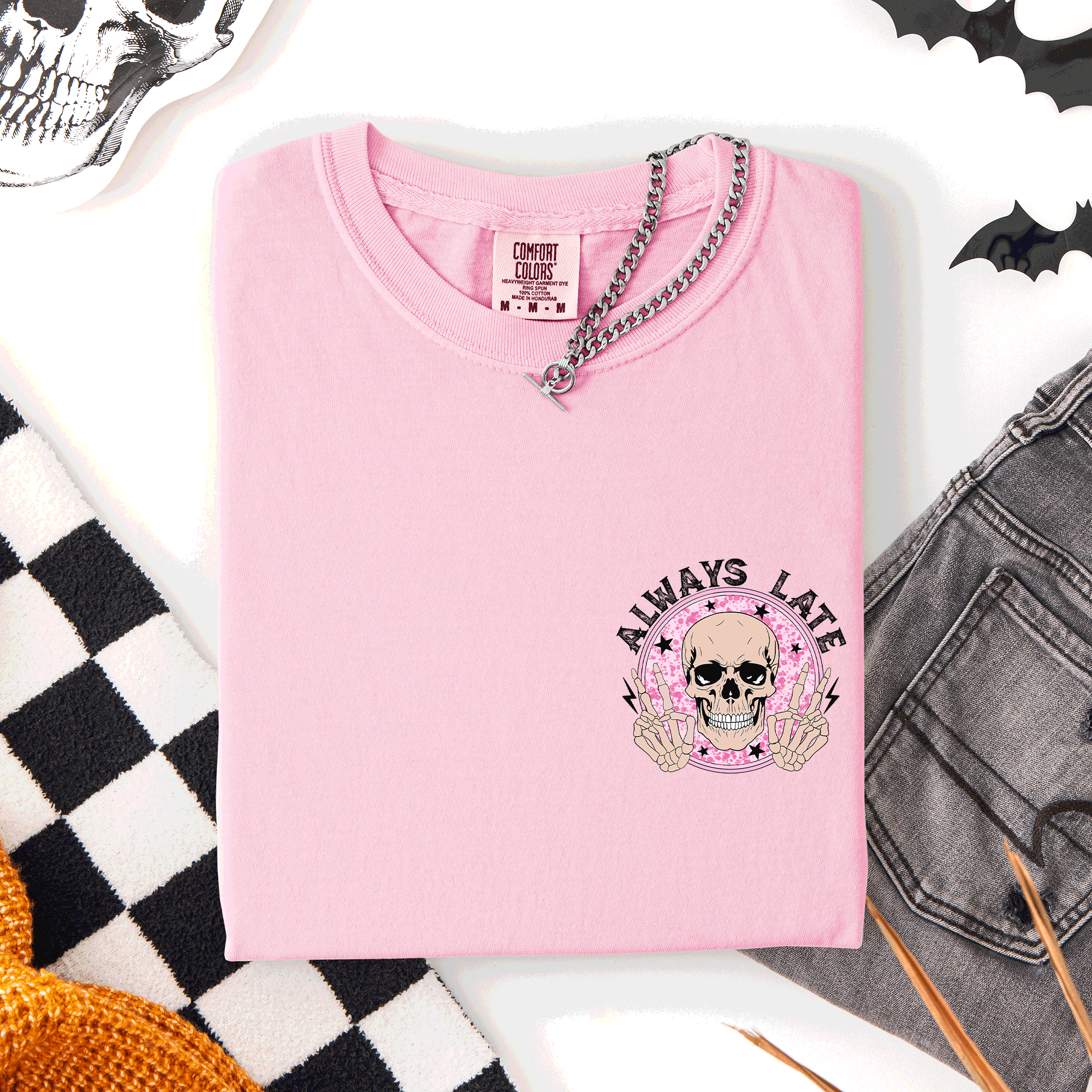 Always Late Skeleton Mood Vibe Pocket Halloween Night Limited Edition Comfort Colors Tee
