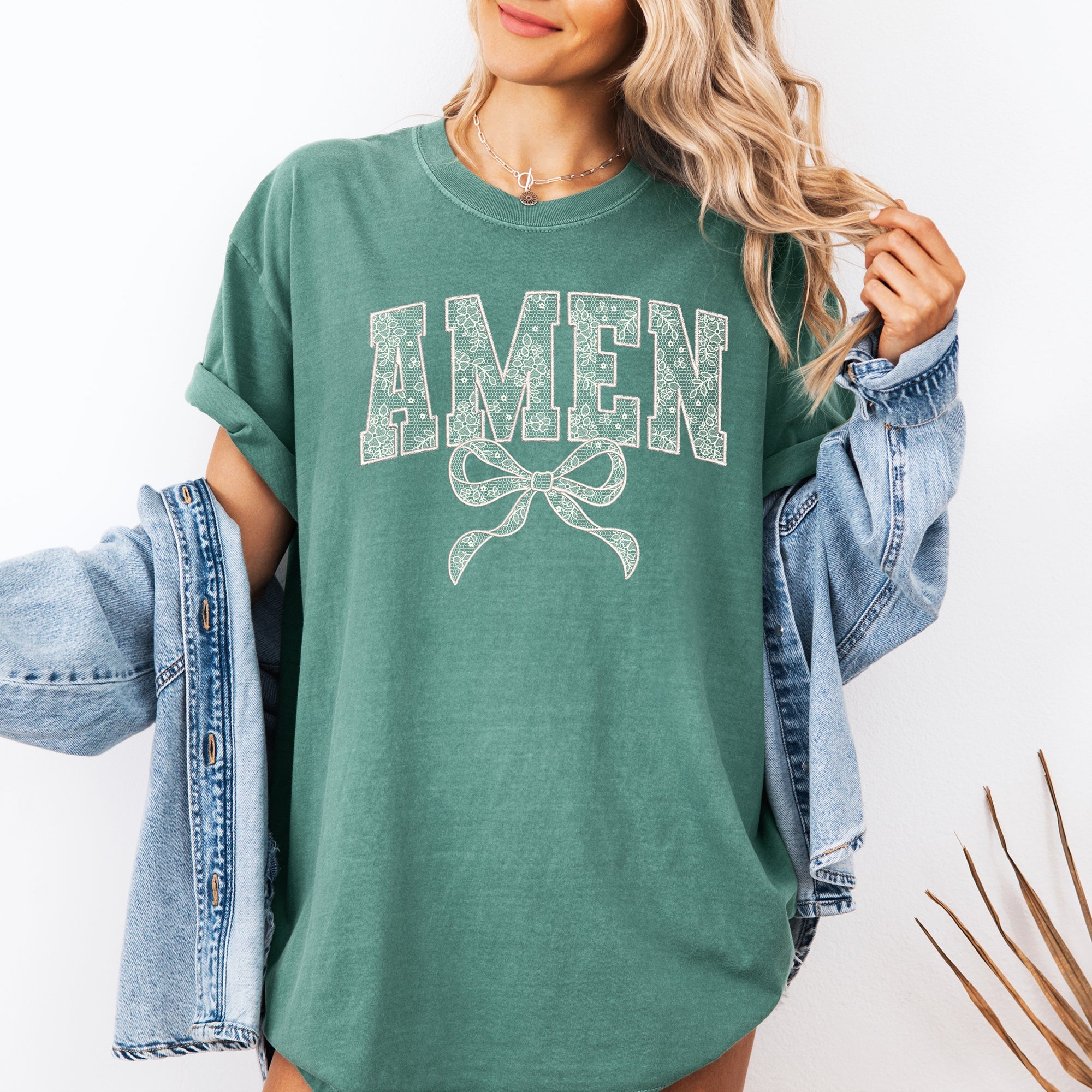 Amen Lace Coquette Ribbon Bow Christian Jesus Gospel Faith Saved Comfort Colors Tee