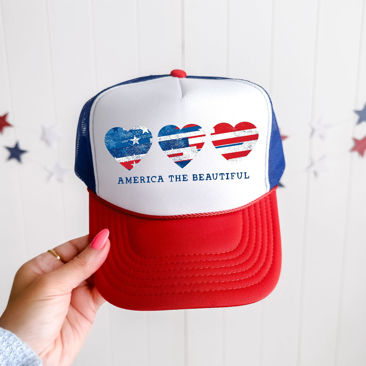 America The Beautiful Hearts Patriotic Trucker Hat For Independence Day Fans Celebrate Year Round