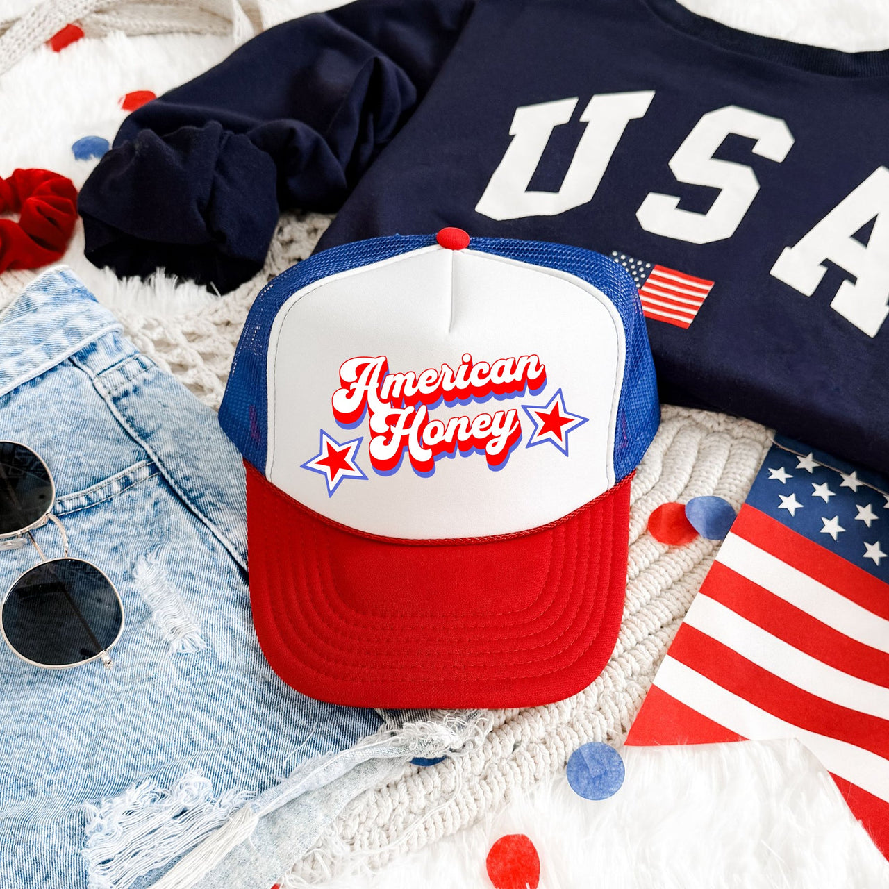 American Honey Patriotic Lightning Bolt Flag Eagle Fourth Of July Celebration Theme Snapback Trucker Hat