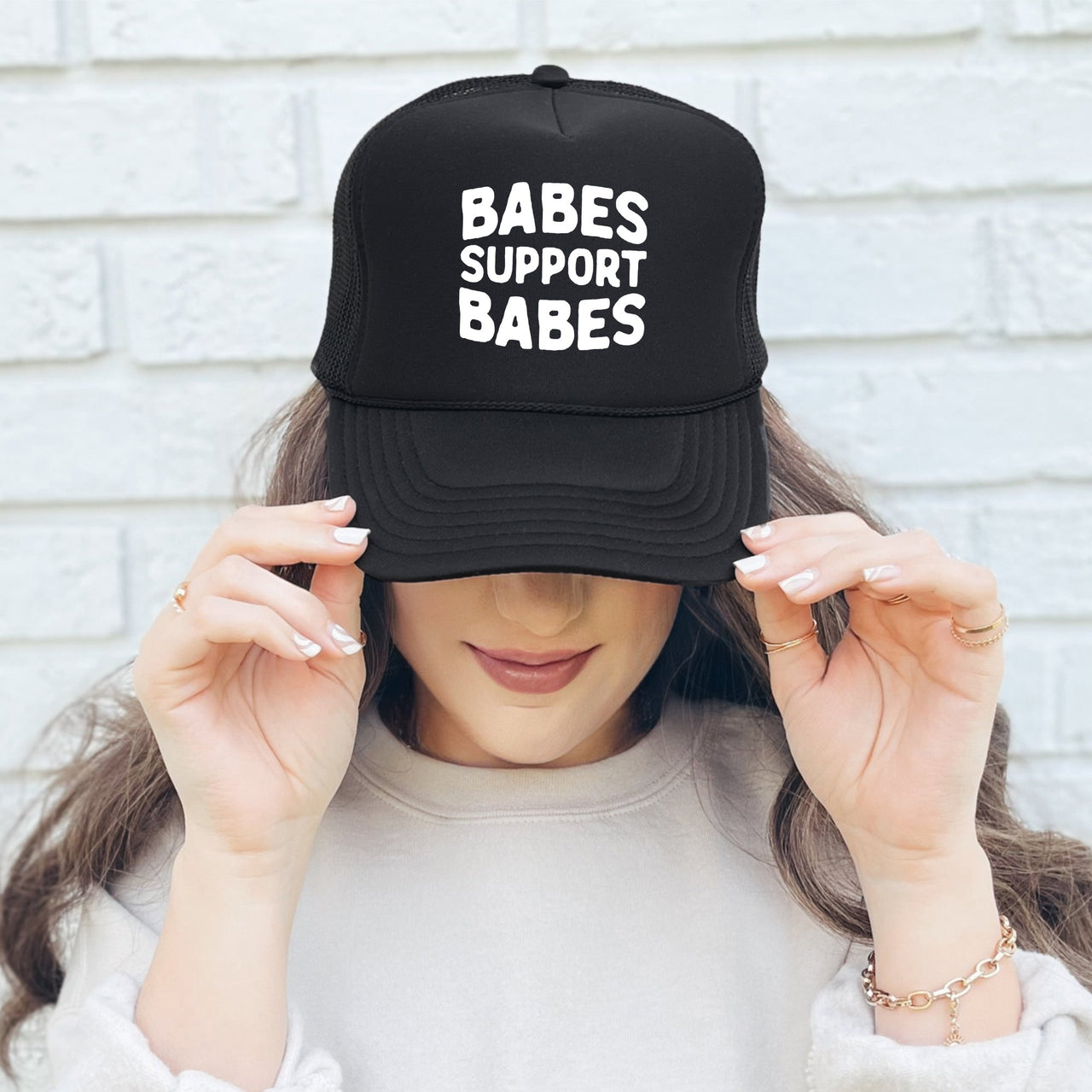 Babes Support Babes Sassy Funny Empowerment Camaraderie Bold Confidence Uplift Trucker Hat