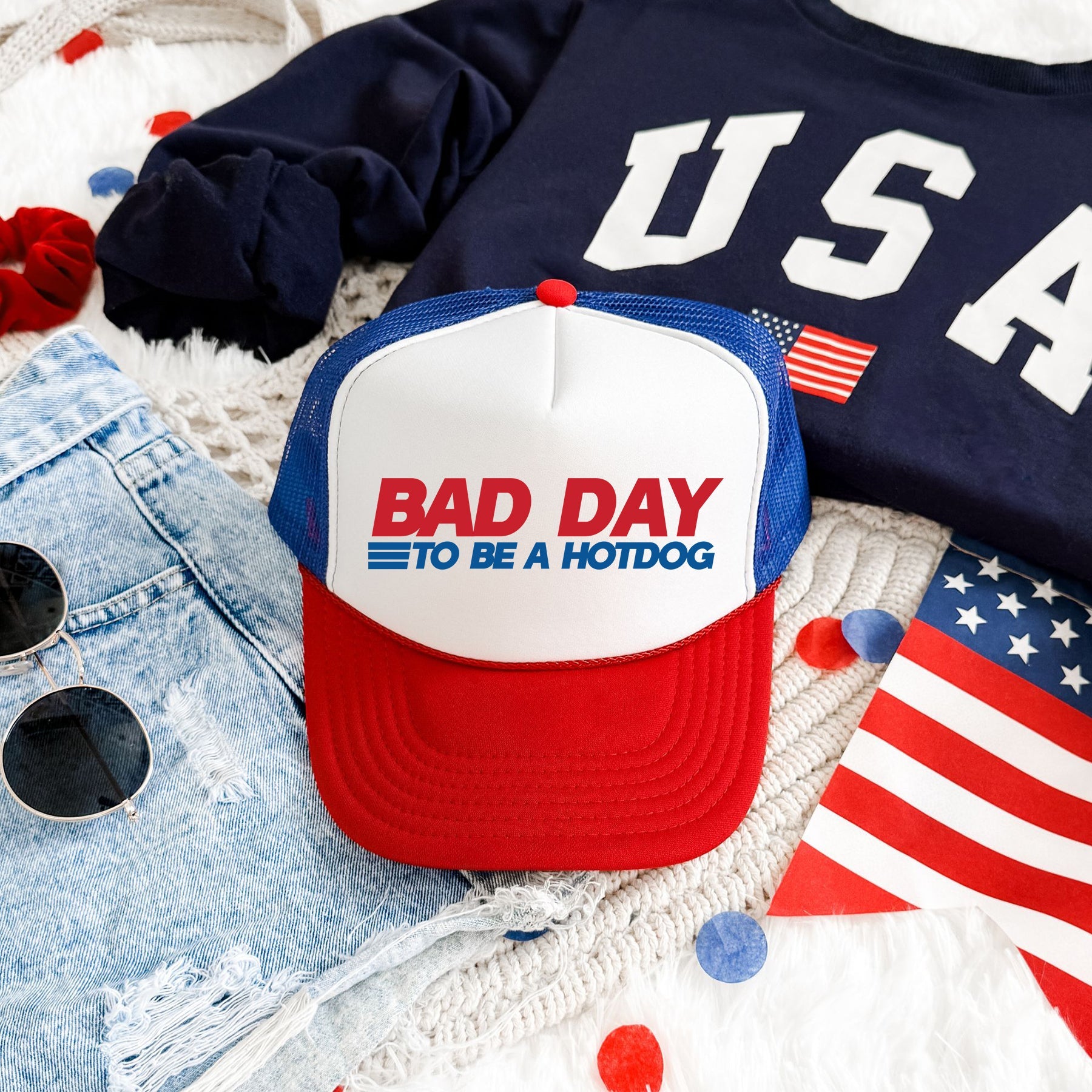 Bad Day To Be A Hotdog Patriotic Fourth Of July Independence Day Graphic Trucker Hat