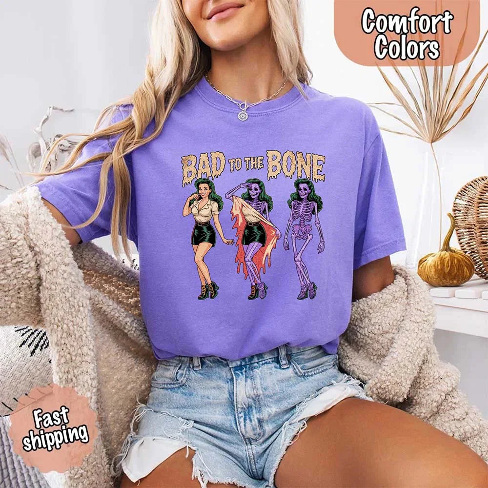 Bad To The Bone Comfort Colors Vintage Shirt - Skeleton Halloween Girl T-shirt