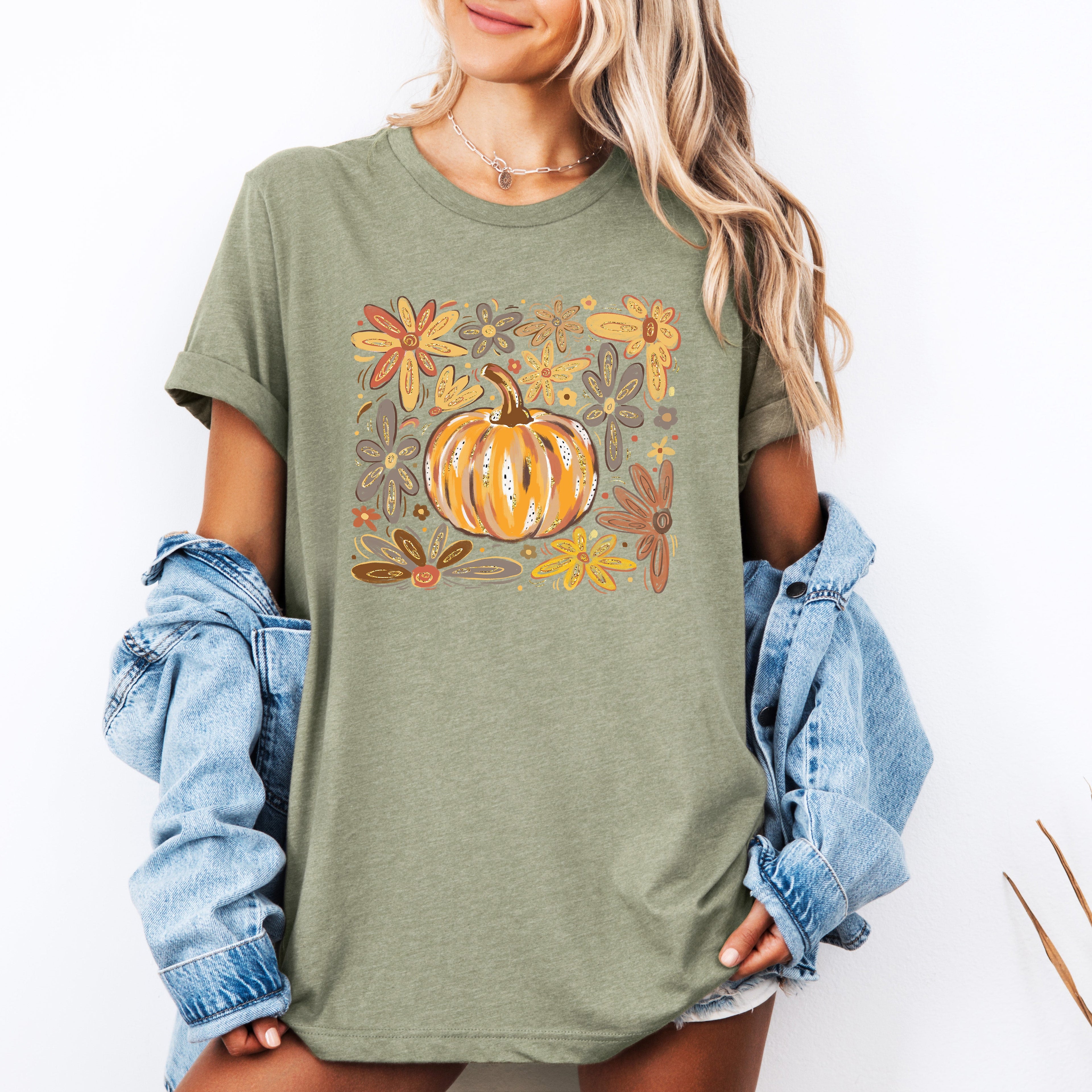 Beautiful Pumpkin Autumn Flowers Watercolor Floral Garden Patchwork Autumn Bloom Graphic Tee