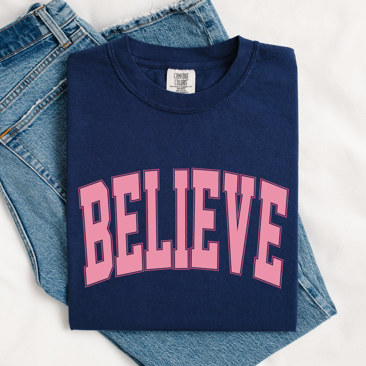 Believe Varsity Collegiate Christmas Santa Winter Xmas Classic Comfort Colors Tee