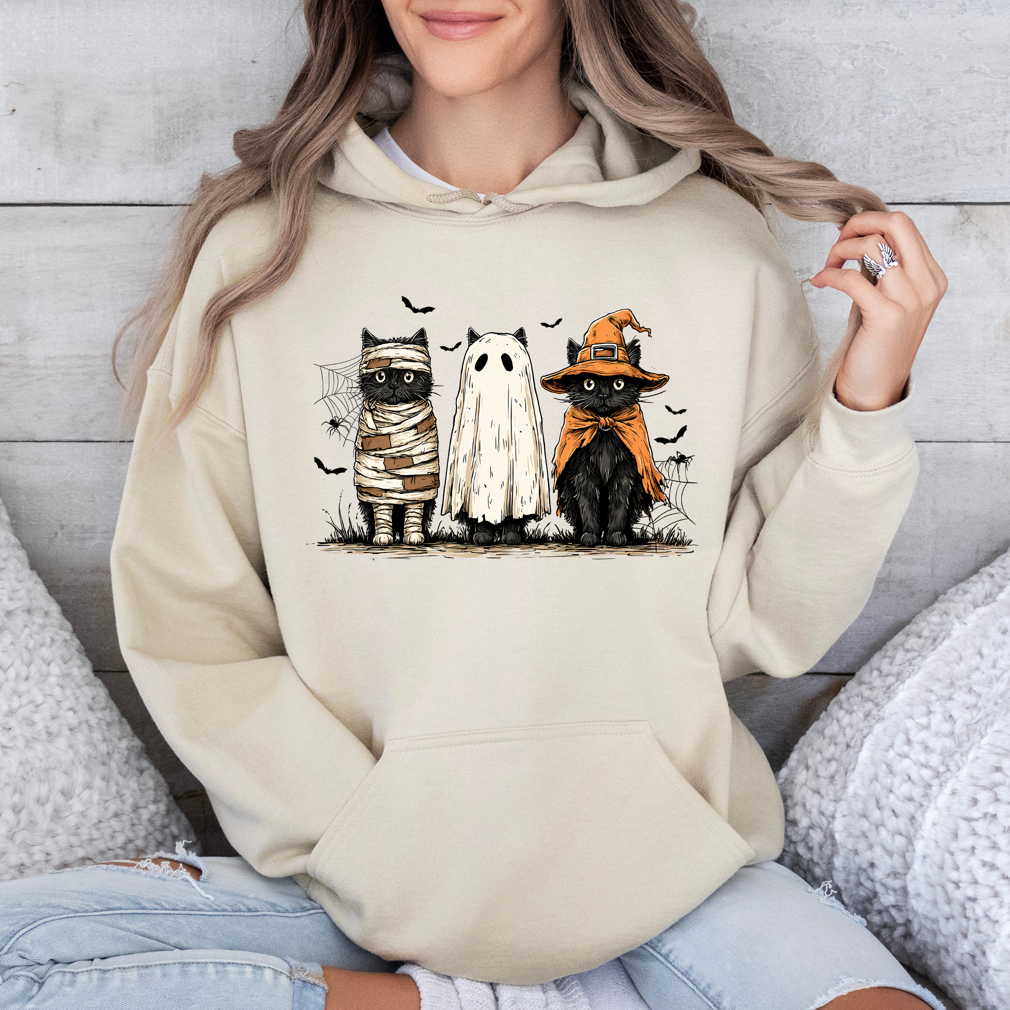 Black Cats Boo Ghost Cats Retro Halloween Gothic Autumn Night Pumpkin Moonlit Midnight Graphic Hoodie