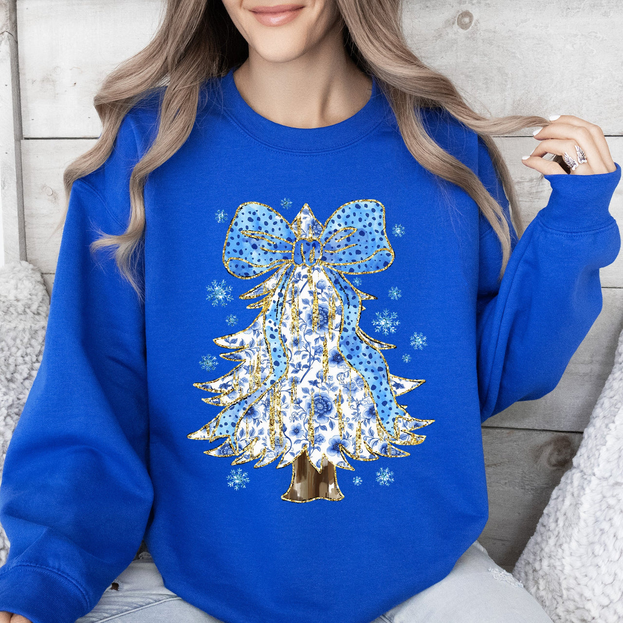 Blue Christmas Christmas Tree Bow Delft Coquette Floral Santa Holiday Elegance Sweatshirt