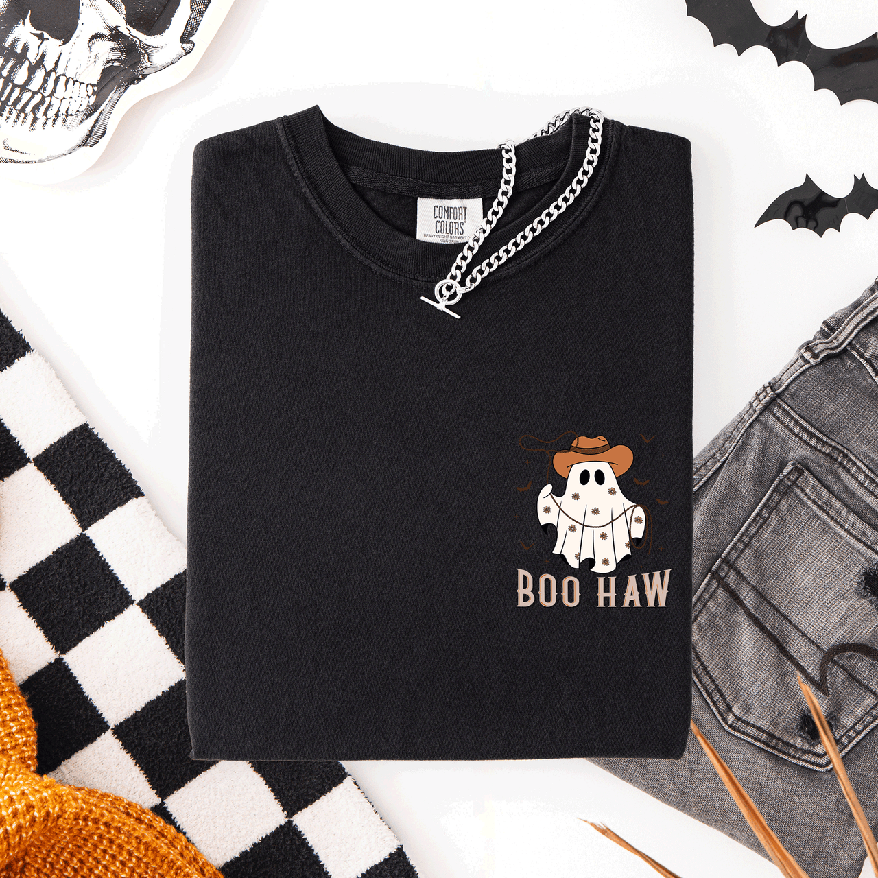 Boo Haw Lasso Cowboy Western Country Halloween Pocket Distressed Print Edition Comfort Colors Tee