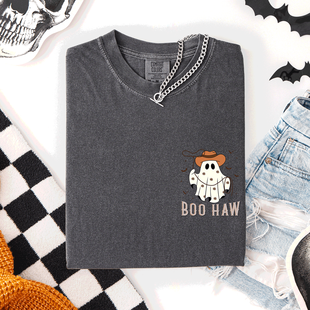 Boo Haw Lasso Cowboy Western Country Halloween Pocket Distressed Print Edition Comfort Colors Tee