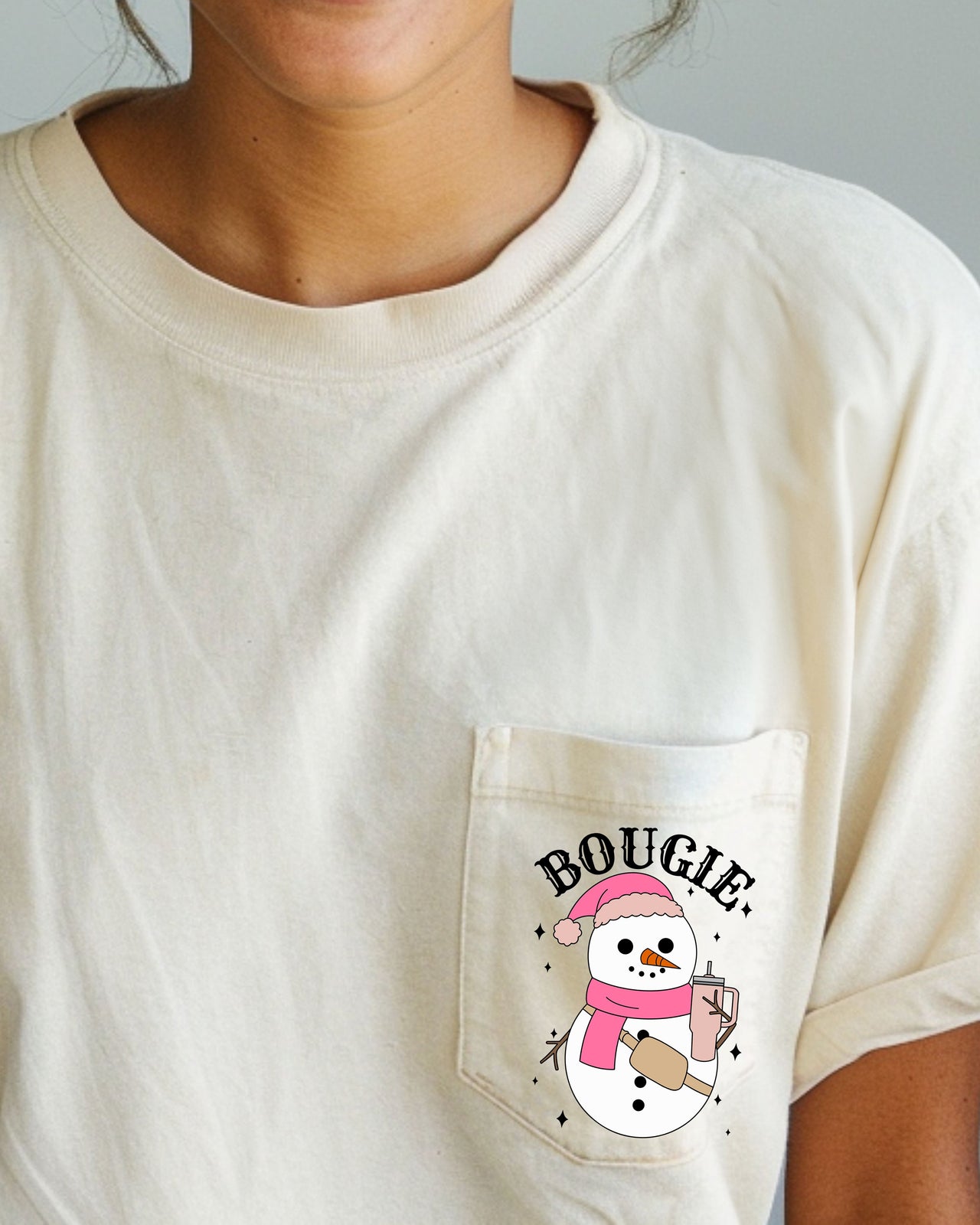 Bougie Snowman Christmas Santa Claus Winter Snow Xmas Festive Pocket Illustration Comfort Colors Tee