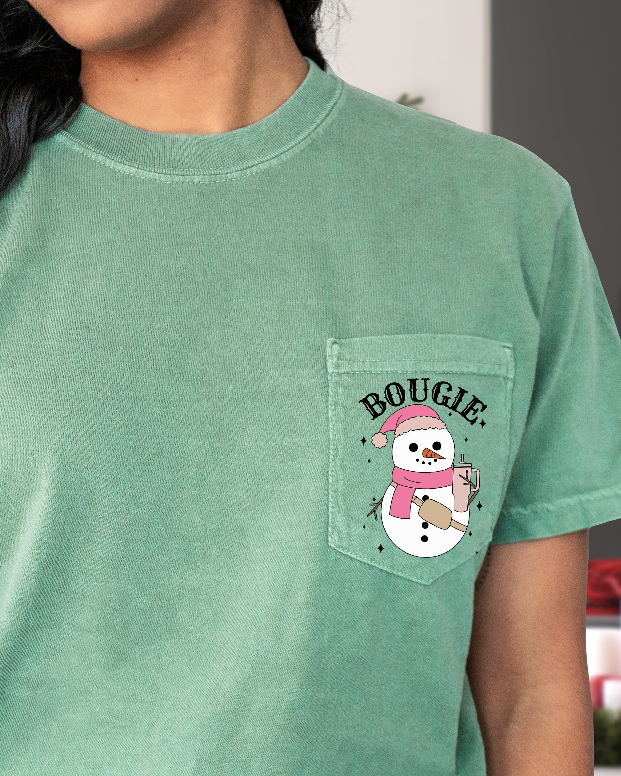 Bougie Snowman Christmas Santa Claus Winter Snow Xmas Festive Pocket Illustration Comfort Colors Tee