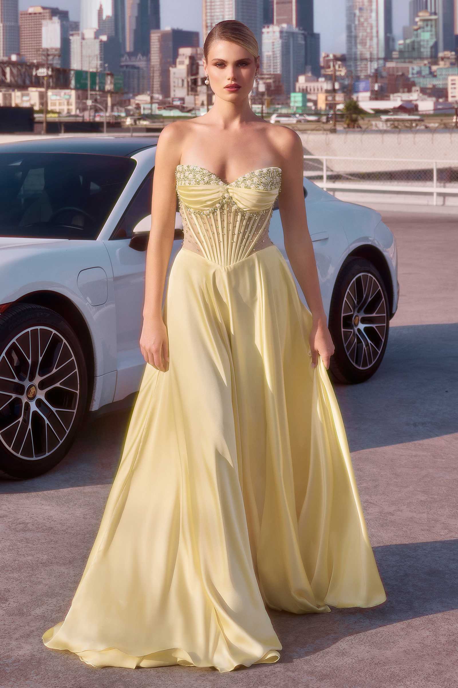 Ladivine CD297 Dress Strapless Beaded Satin A-Line Prom Gown
