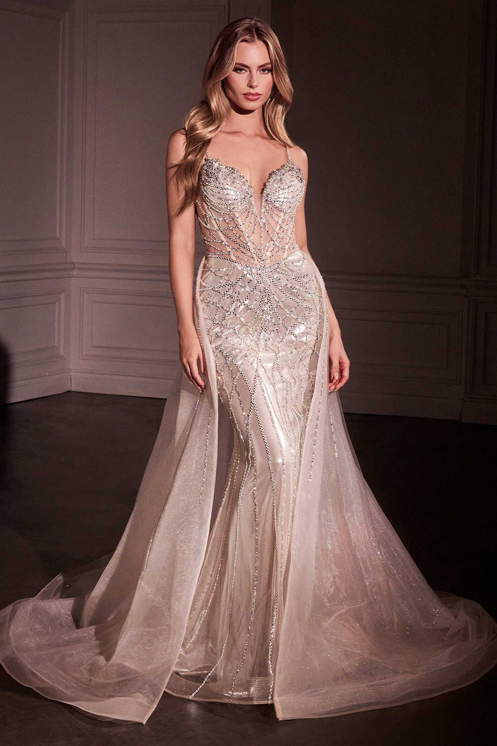 Ladivine CD763 Fit & Flare Crystal Embellished Gown & Overskirt
