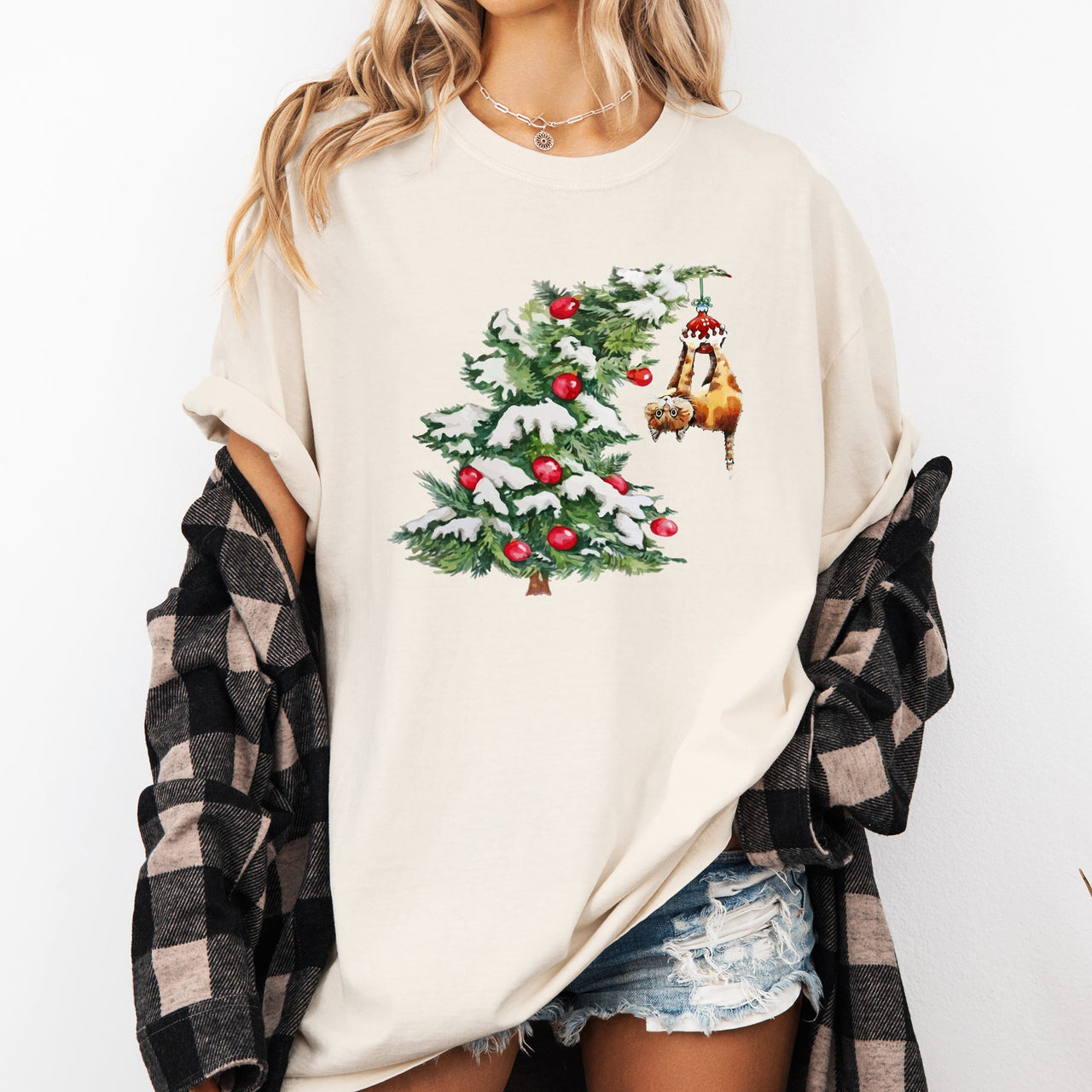 Cat Christmas Tree Naughty Santa Snow Xmas Winter Holiday Season Comfort Colors Tee