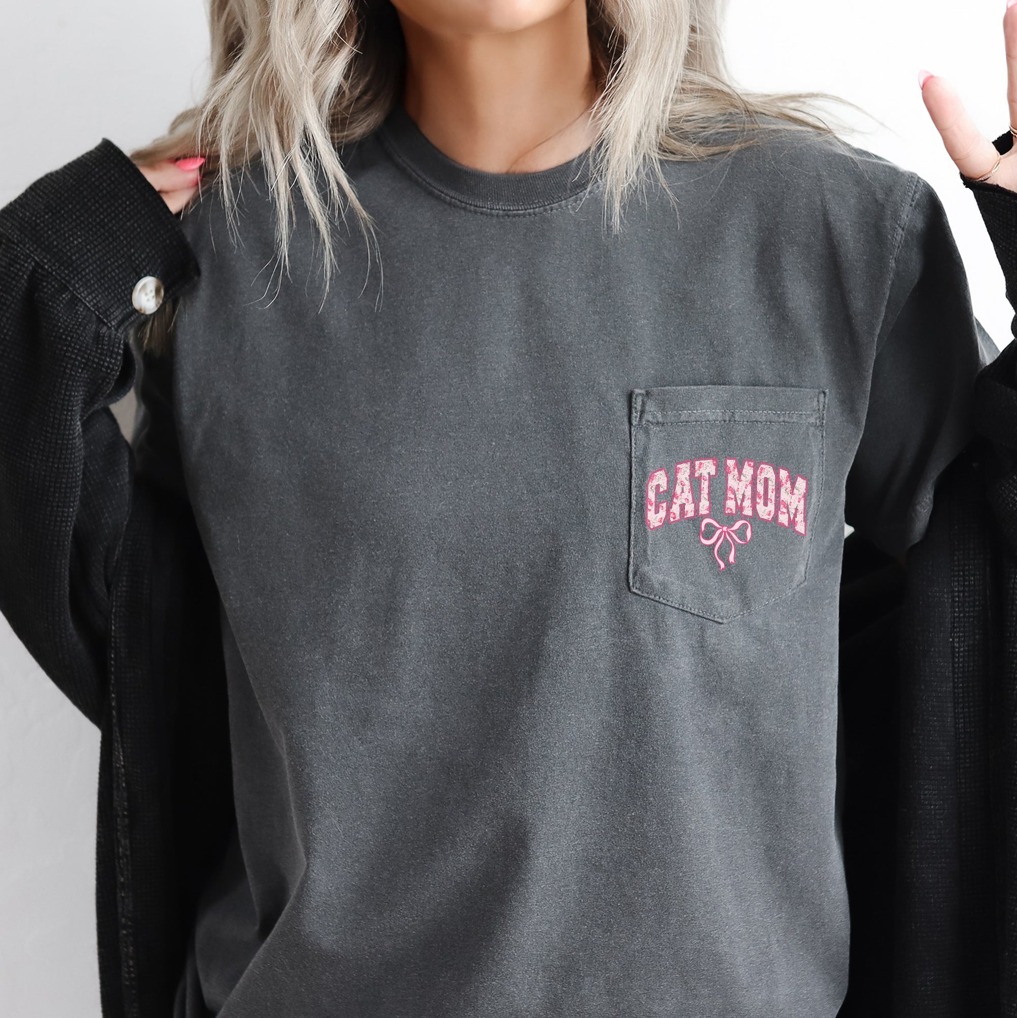 Cat Mom, Coquette, Pocket, Ribbons, Bows Pocket Tee Graphic Collection Comfort Colors Tee