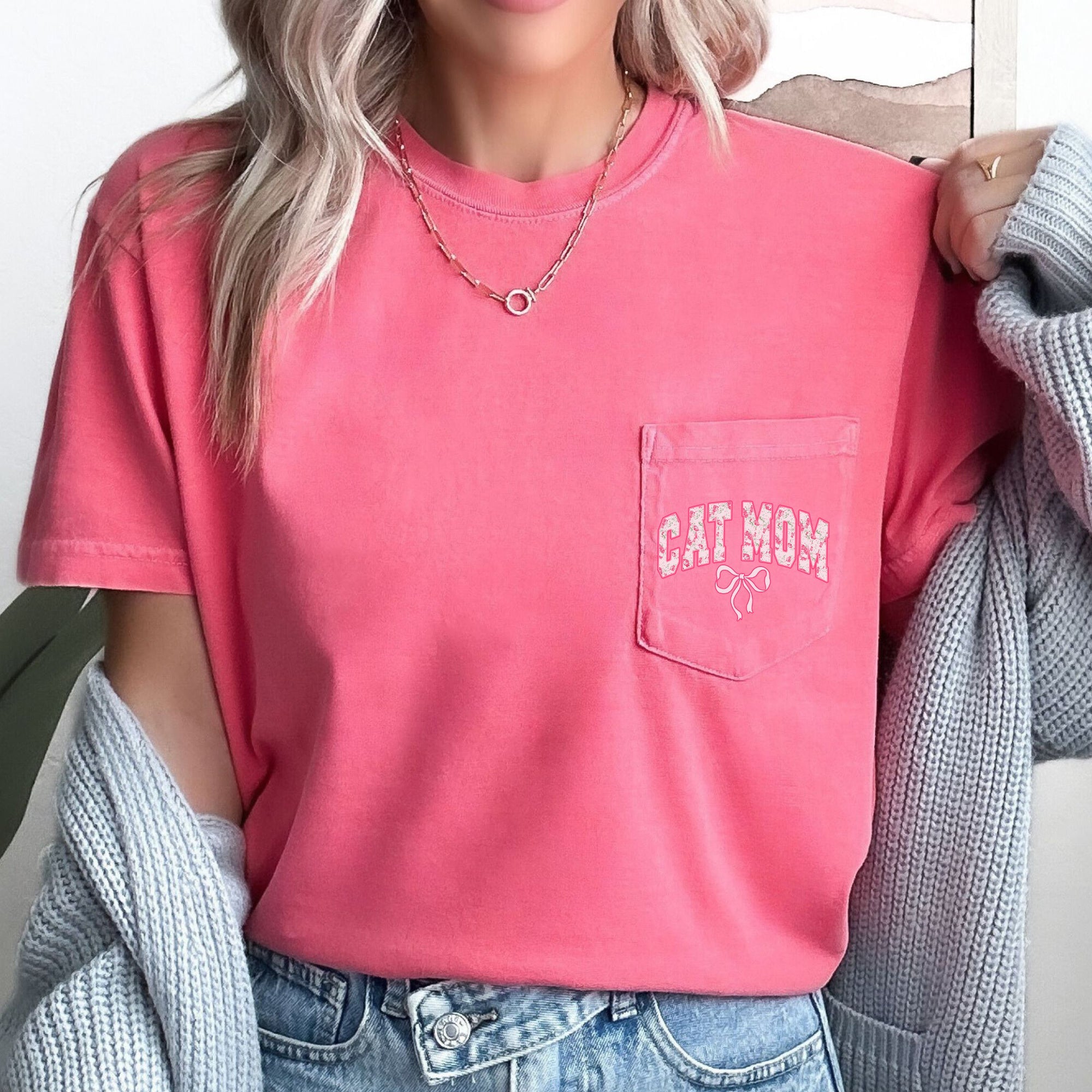 Cat Mom, Coquette, Pocket, Ribbons, Bows Pocket Tee Graphic Collection Comfort Colors Tee