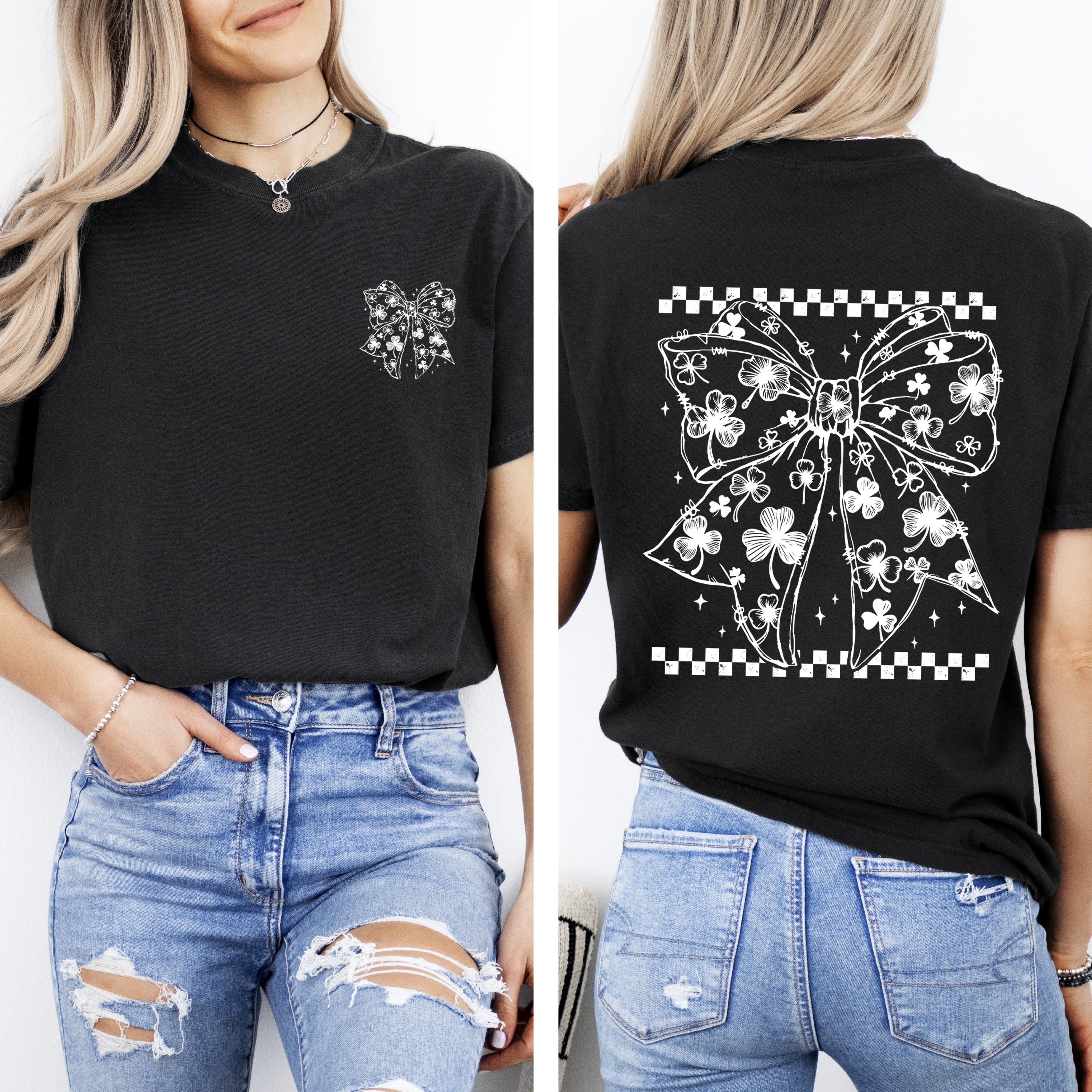 Checkered Bow Coquette Leprechaun Shamrock Clover Lucky St Patrick's Day Irish Pride Comfort Colors Tee