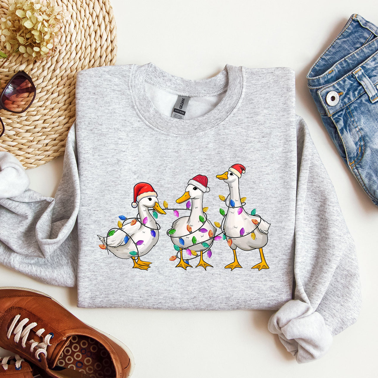 Christmas Ducks And Santa With Playful Farm Animals On A Cozy Winter Snow Scene Full Graphic Illustration Sweatshirt