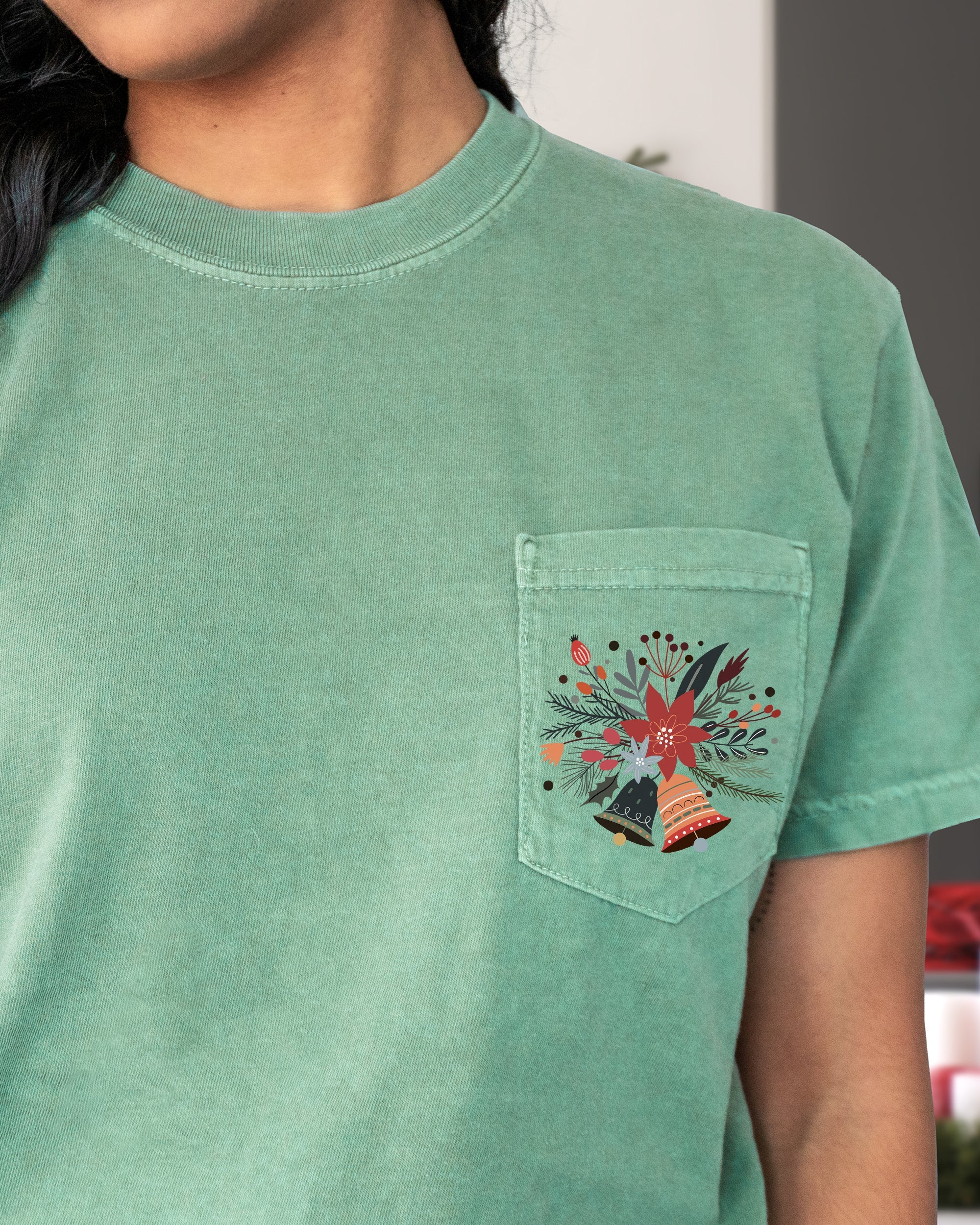 Christmas Flowers, Pocket, Bells, Floral, Poinsettia, Winter, Snow, Botanical, Xmas Comfort Colors Tee