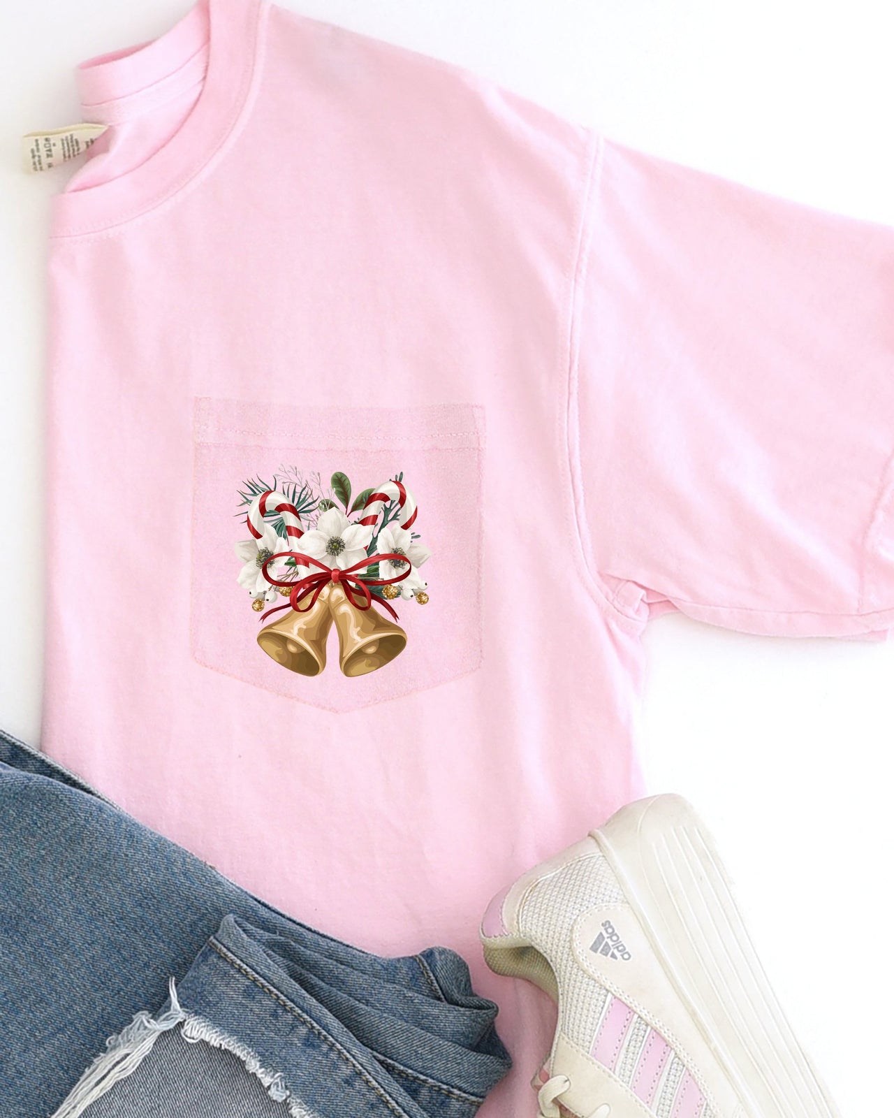 Christmas Flowers Pocket Bells Floral Winter Snow Botanical Xmas Comfort Colors Tee