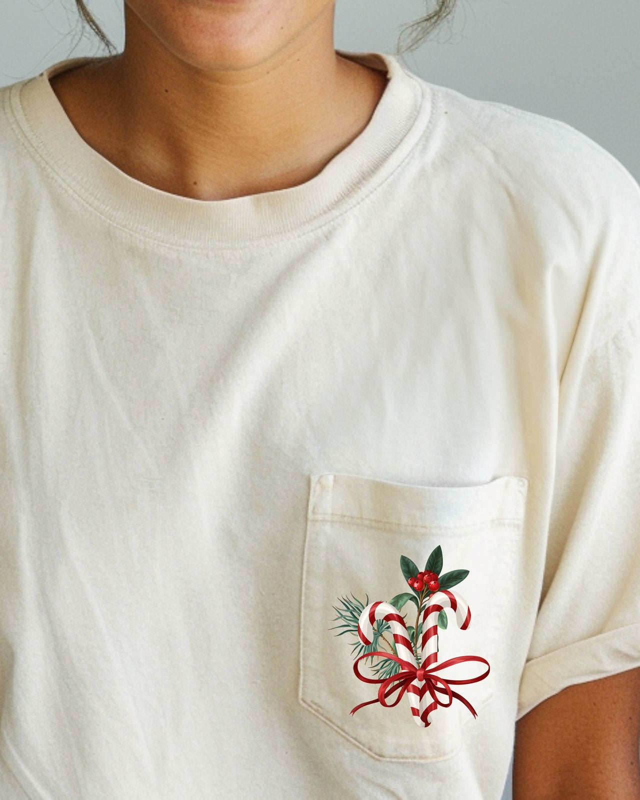 Christmas Flowers Pocket Candy Cane Ribbon Mistletoe Winter Snow Botanical Xmas Comfort Colors Tee