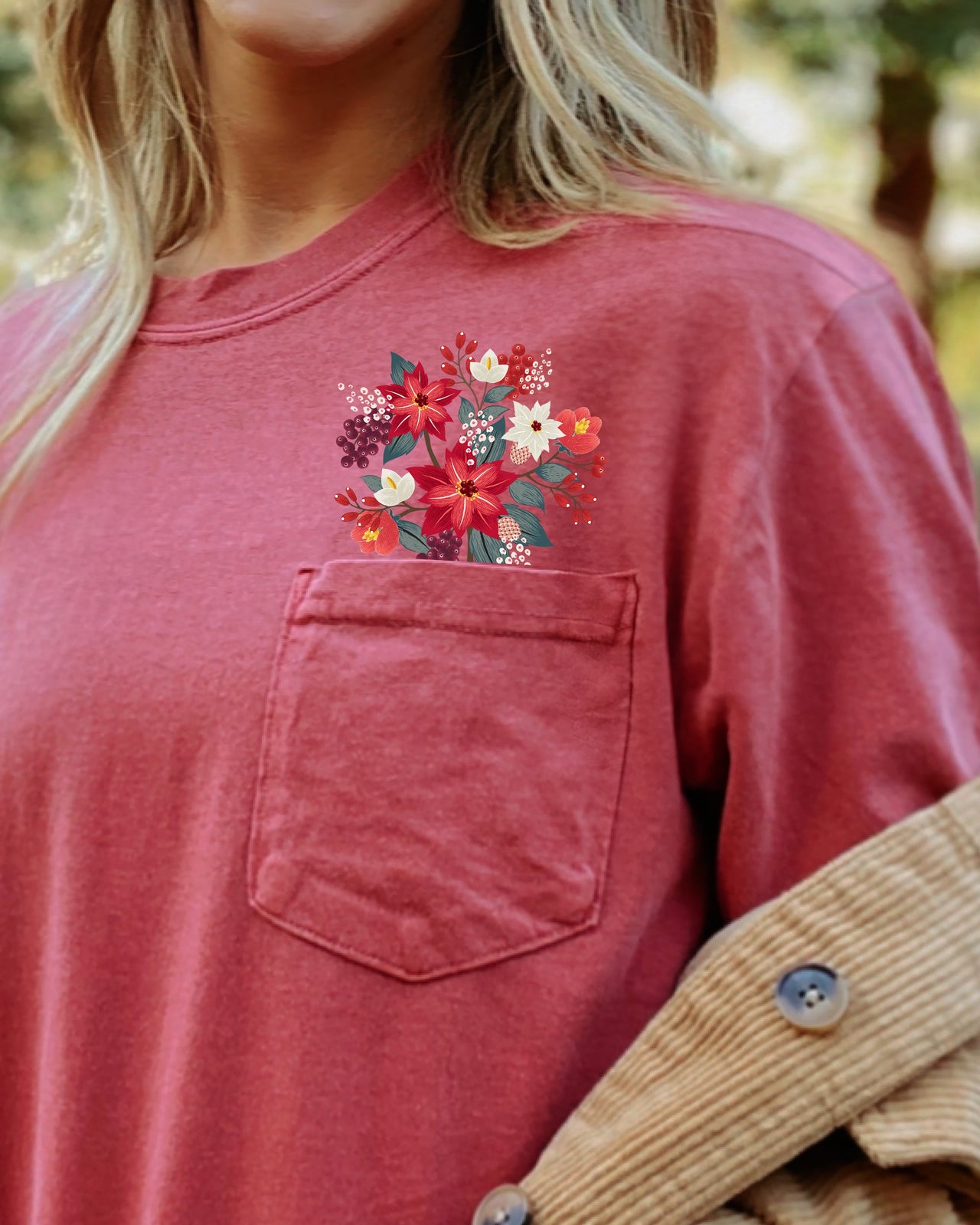 Christmas Flowers Pocket Floral Berries Poinsettia Winter Snow Botanical Xmas Comfort Colors Tee