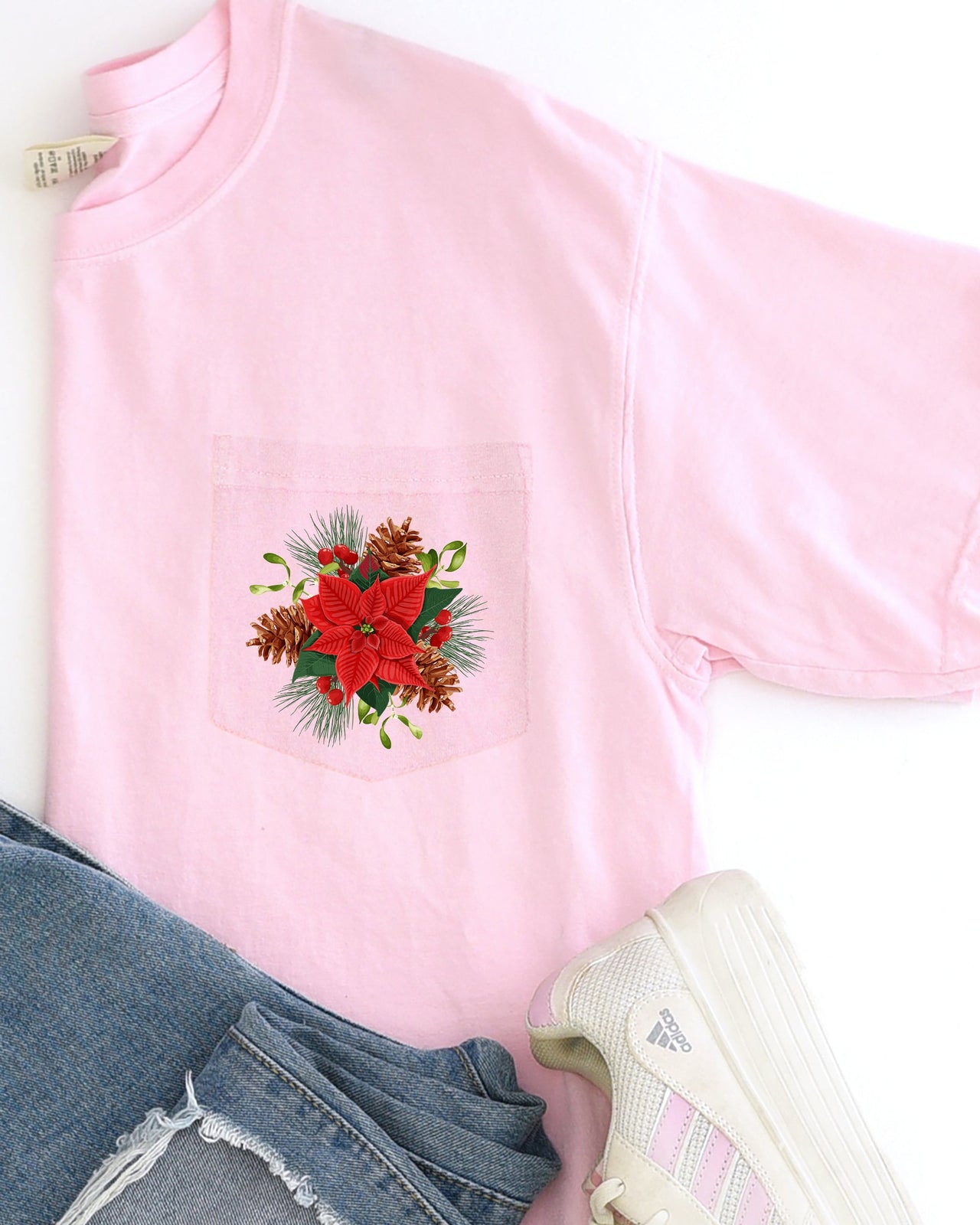 Christmas Flowers Pocket Floral Mistletoe Poinsettia Winter Snow Botanical Xmas Comfort Colors Tee