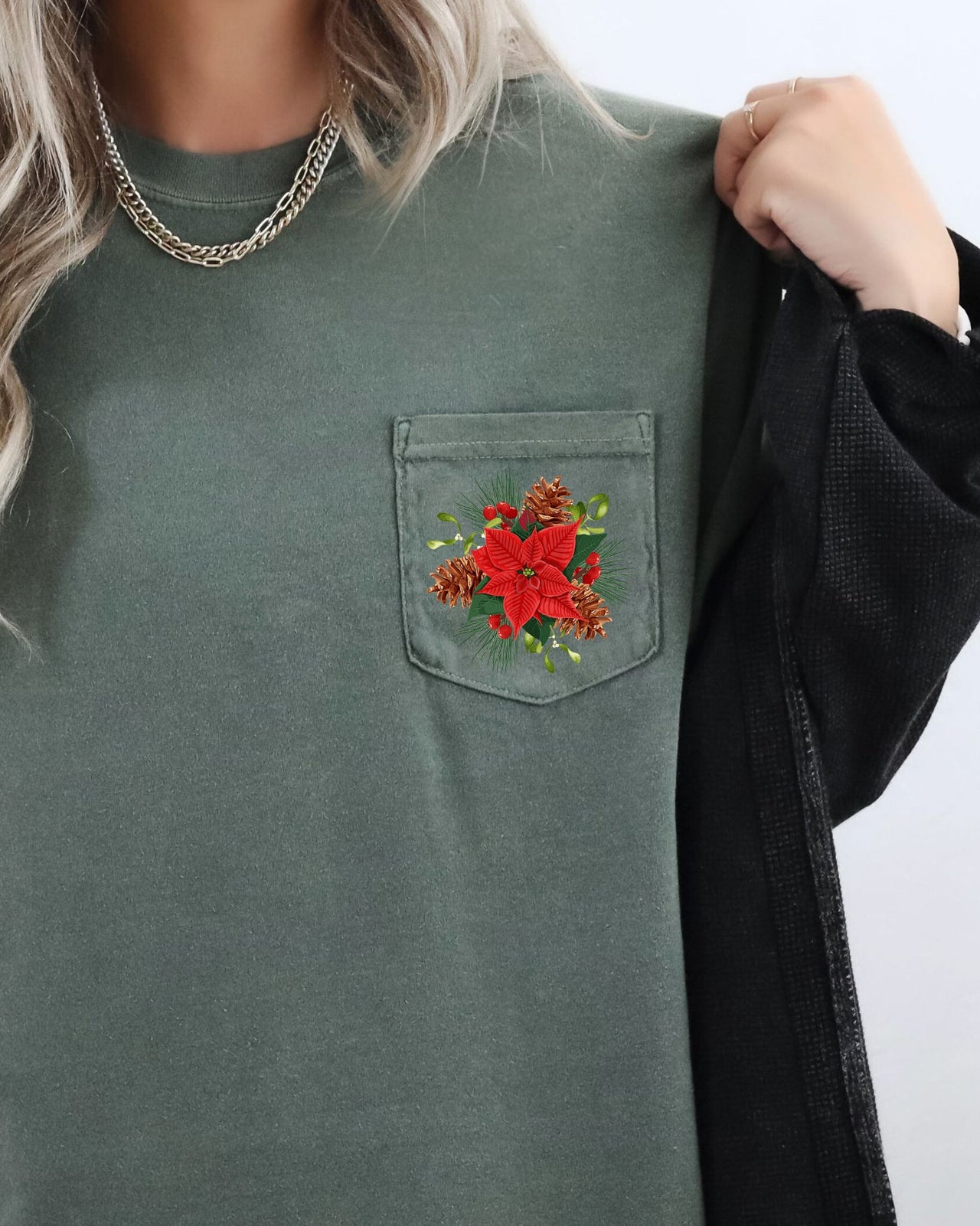 Christmas Flowers Pocket Floral Mistletoe Poinsettia Winter Snow Botanical Xmas Comfort Colors Tee