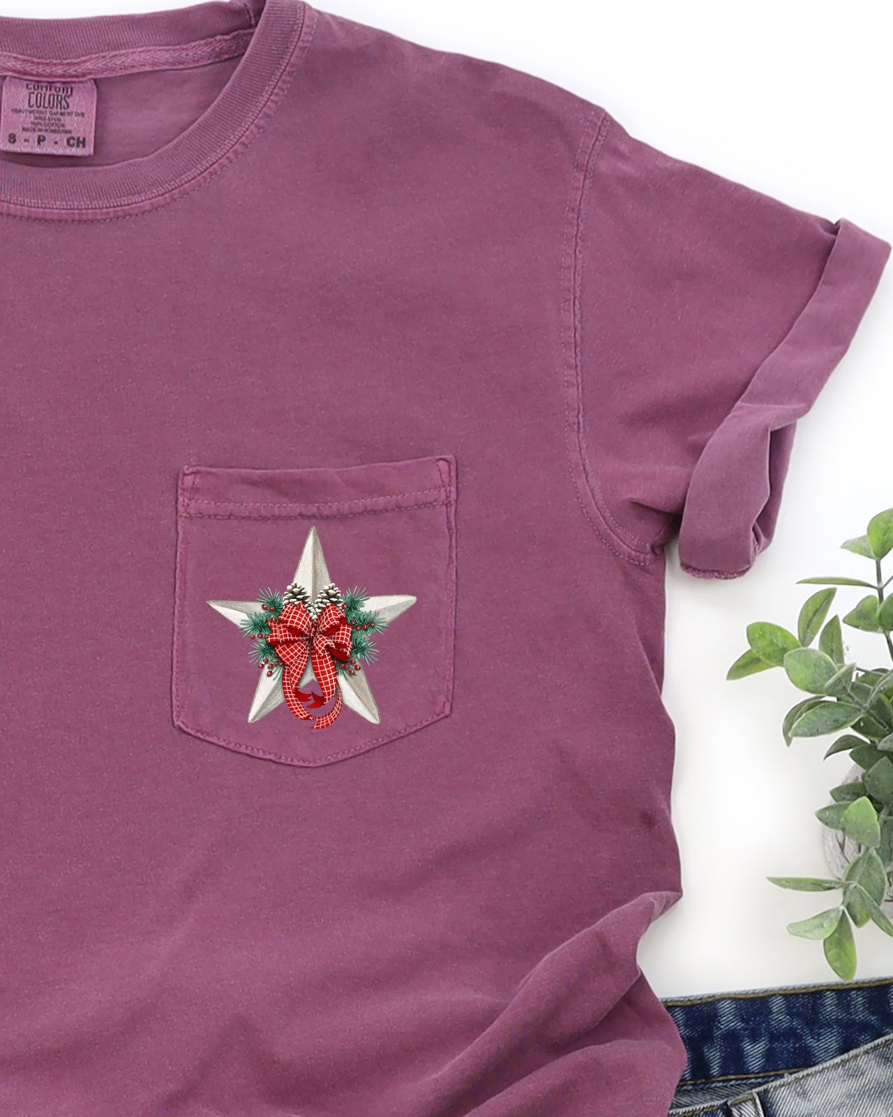 Christmas Flowers Pocket Star Pine Cones Ribbon Floral Poinsettia Winter Snow Botanical Xmas Comfort Colors Tee
