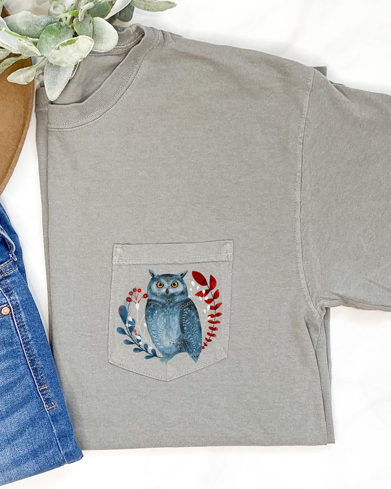 Christmas Owl Pocket Folk Art Santa Winter Snow Xmas Flowers Floral Comfort Colors Tee