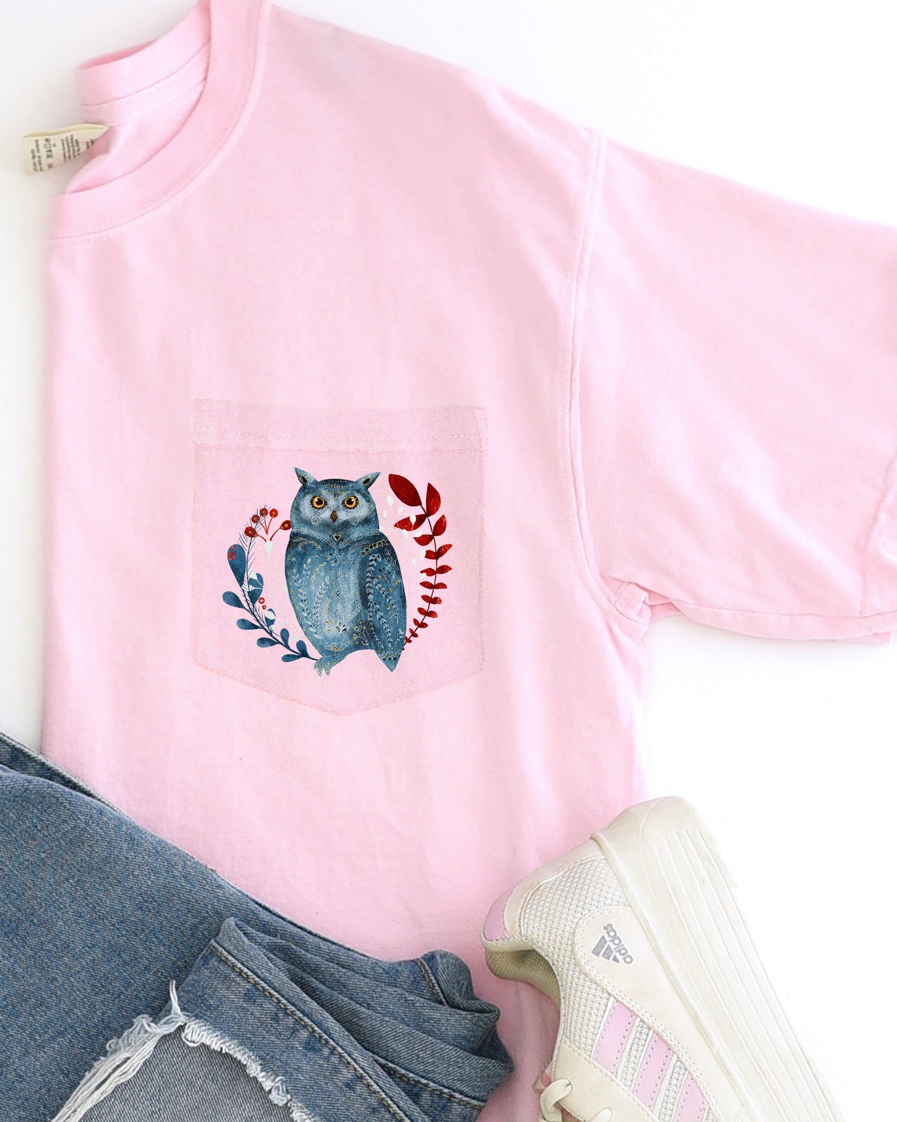Christmas Owl Pocket Folk Art Santa Winter Snow Xmas Flowers Floral Comfort Colors Tee