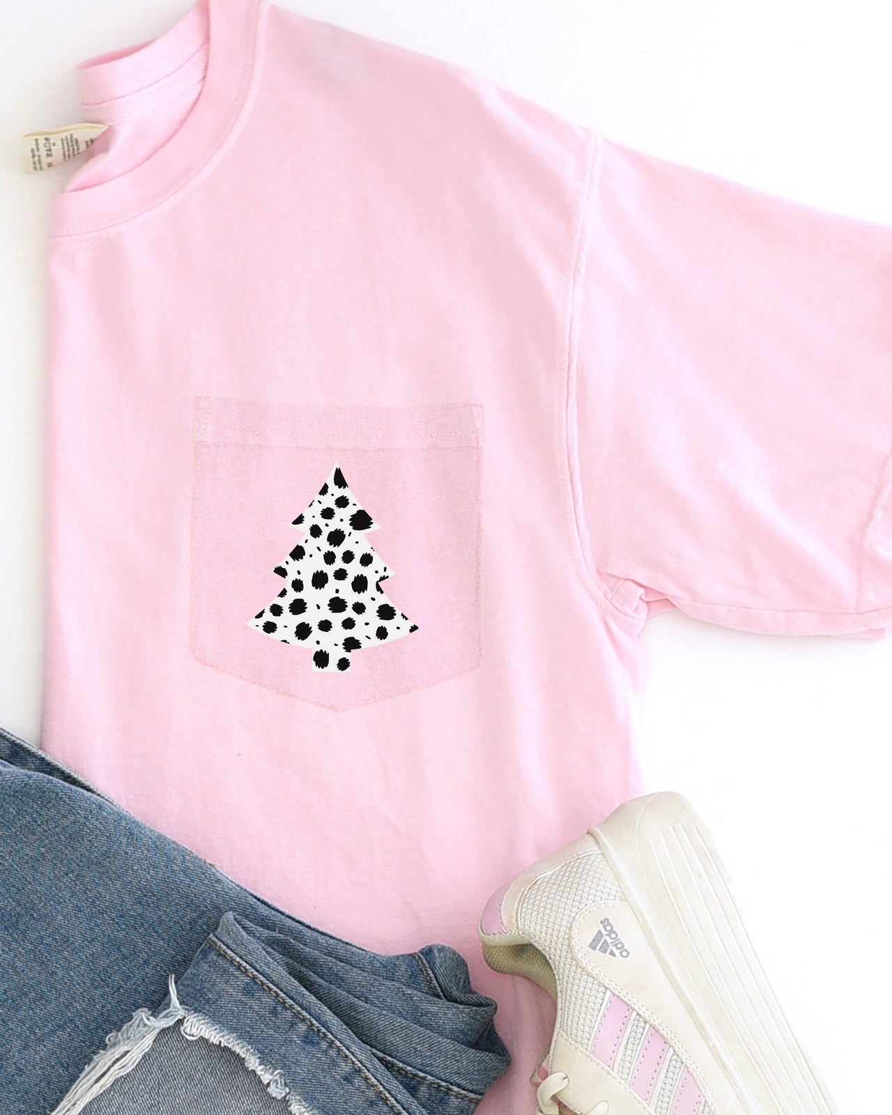 Dalmatian Santa Christmas Tree With Animal Print Pocket Snow Winter Scene Comfort Colors Tee